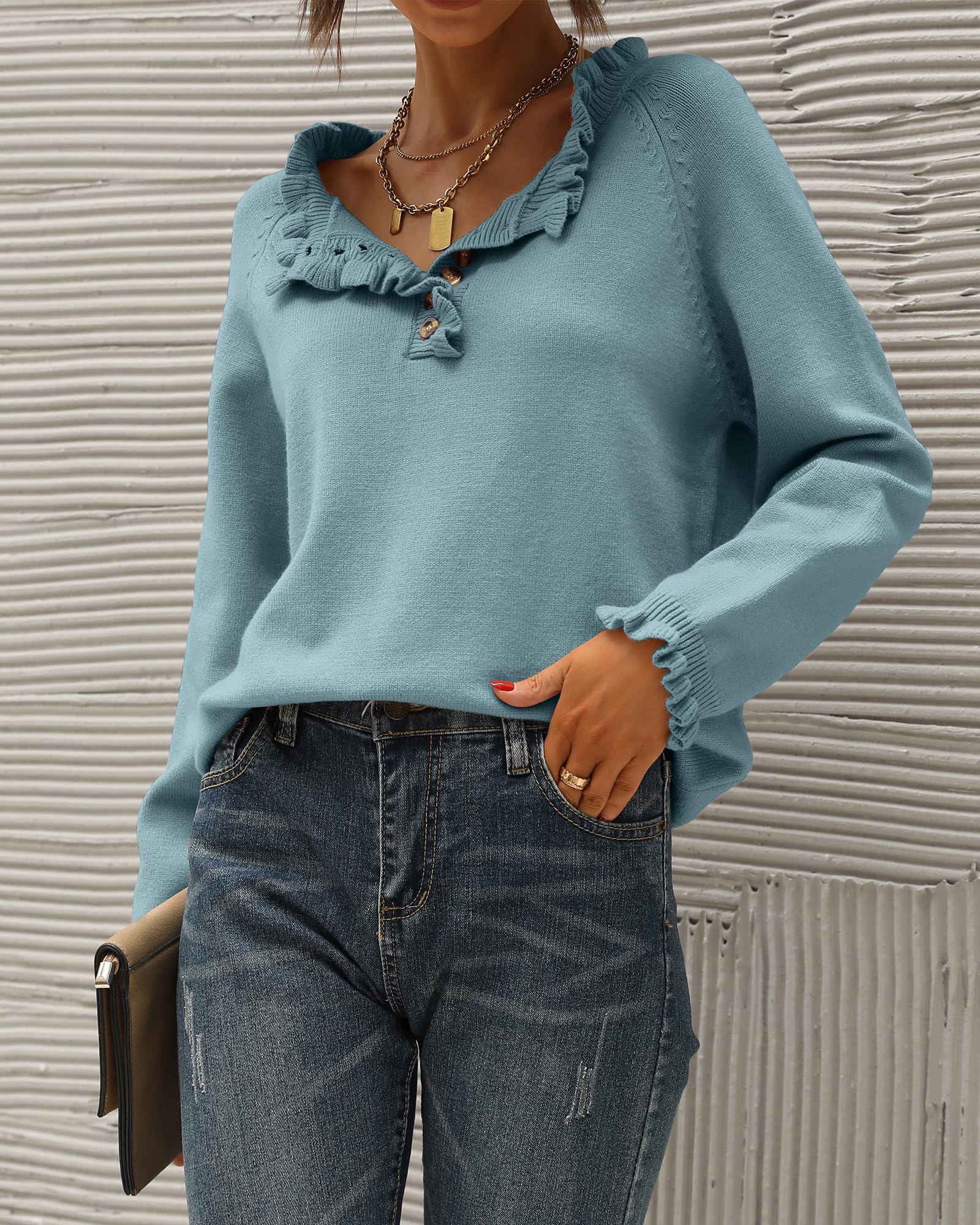 FreshPretty Womens Sweaters Fall Winter Clothes Long Sleeve Button Down Ruffle Crew Neck Casual Knitted Pullover Tops