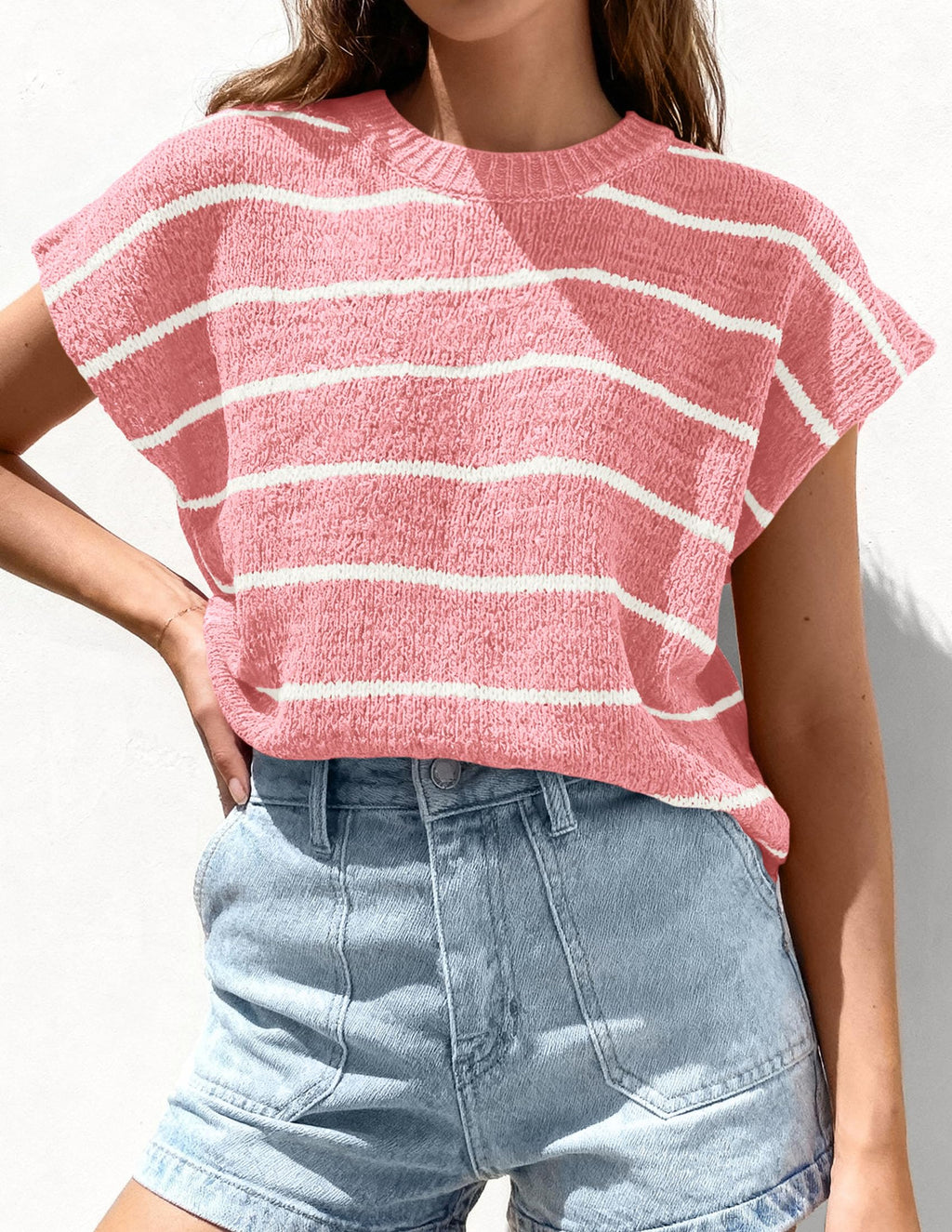 PRETTYGARDEN Womens Summer Short Sleeve Tops Trendy Crew Neck Striped Knit Sweater Business Casual Spring Clothes