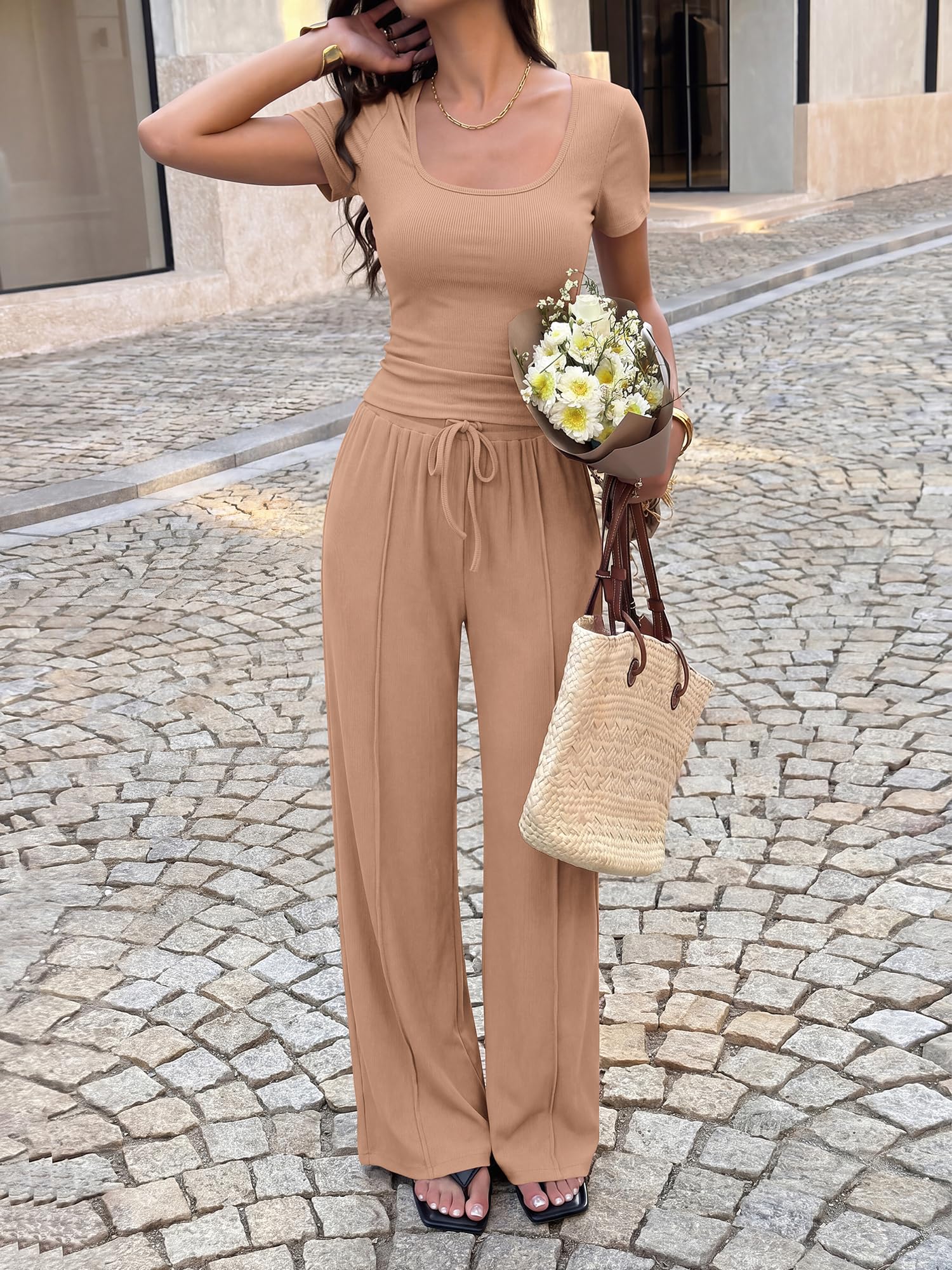 BTFBM Womens Summer 2 Piece Outfits Square Neck Short Sleeve Drawstring Pants Knit Spring Lounge Matching Sets