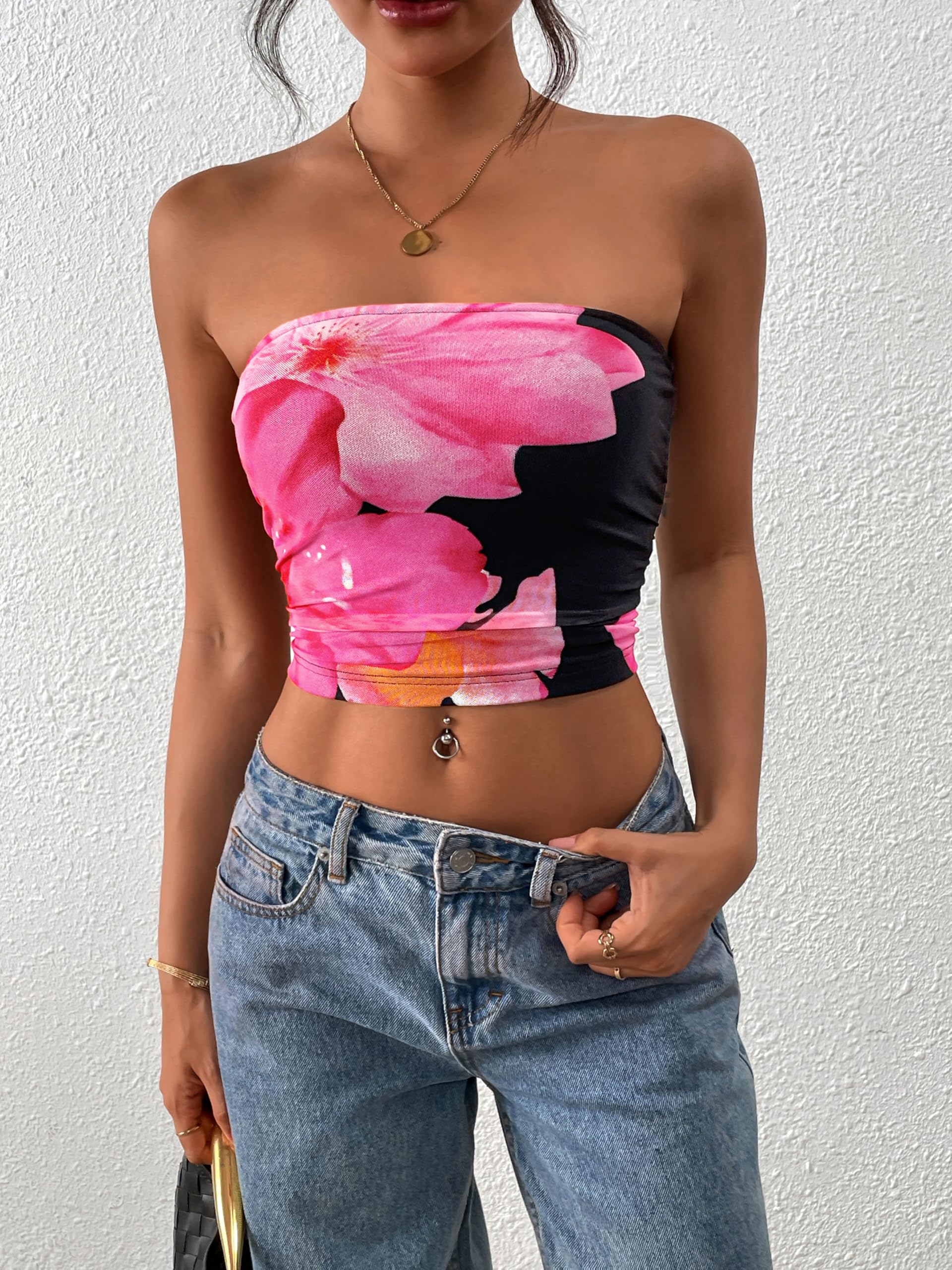 FreshPretty Womens Fashion Summer Floral Mesh Tube Top Ruched Going Out Bandeau Sleeveless Strapless Crop Tops Y2k Clothes