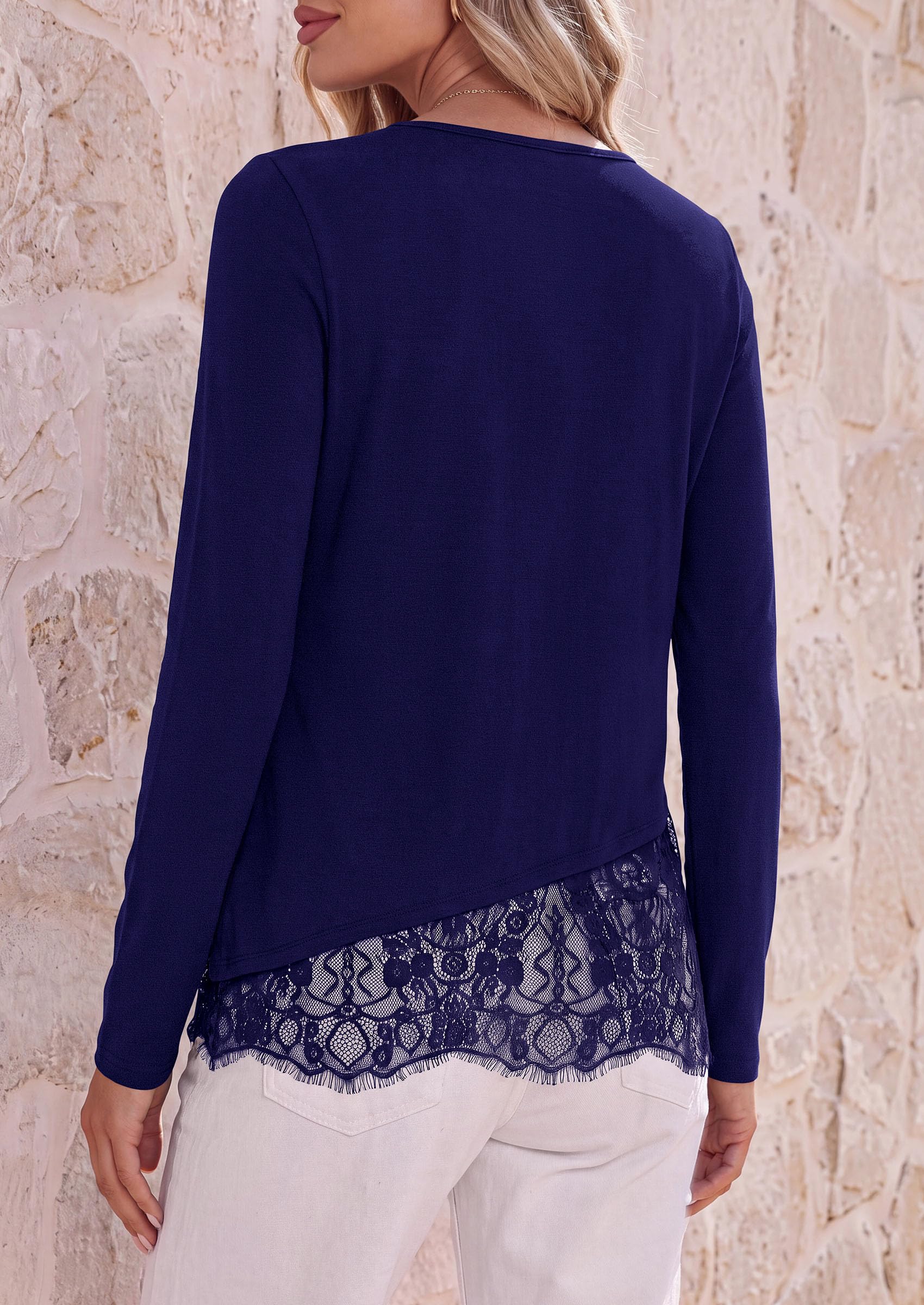 PRETTYGARDEN Women's Lace Patchwork Long Sleeve Shirts | Soft Casual Tops,Irregular Asymmetrical Hem,Crew Neck Thermal Blouses,Loose Fit Layer Tee,Fashion Fall Winter Daily Wear