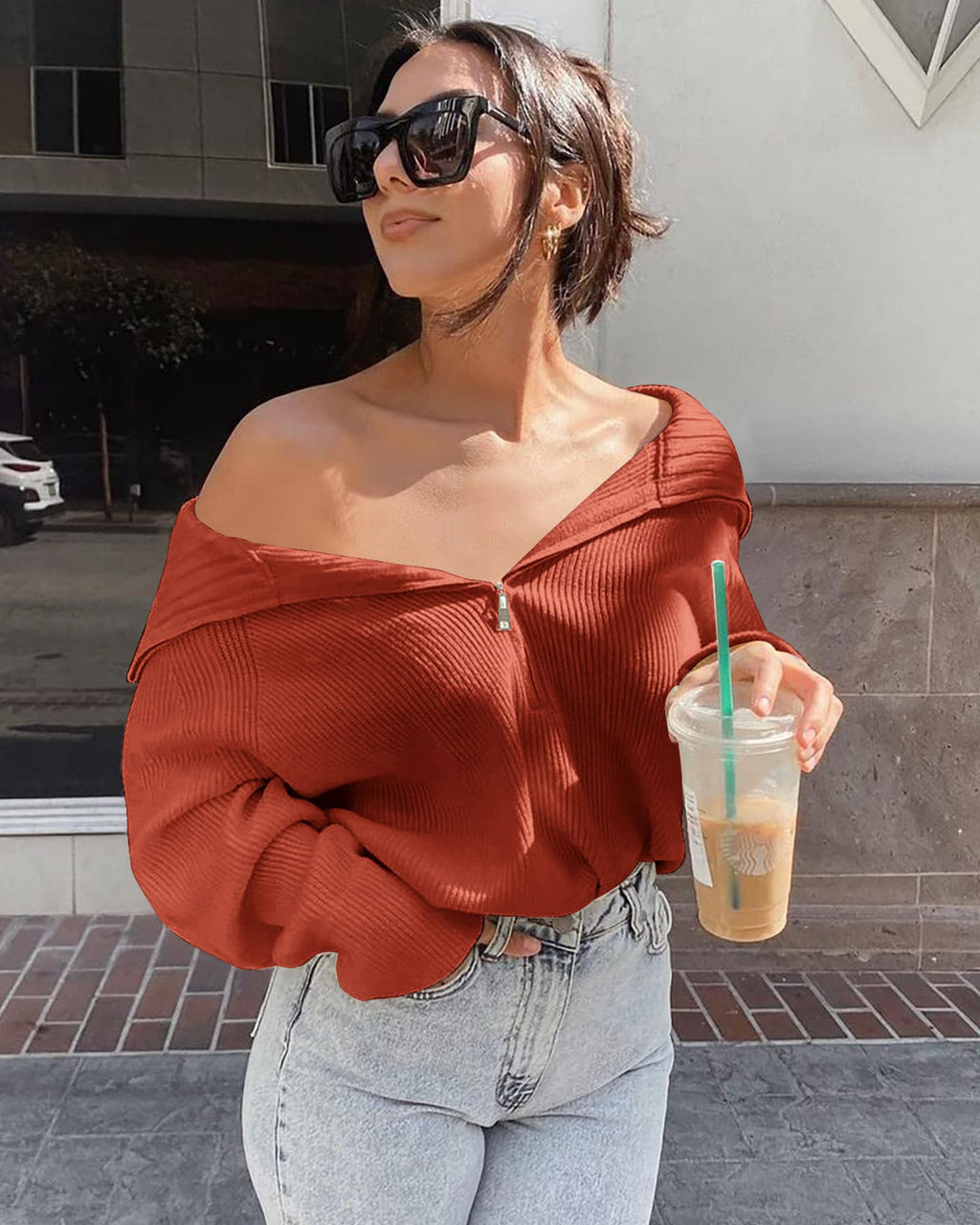 FreshPretty Womens Sweaters Quarter Zip Pullover V Neck Collar Long Sleeve Ribbed Knit Loose Casual Winter Fall Sweater