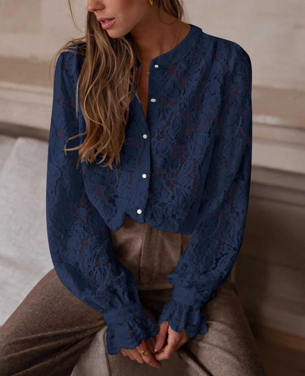 PRETTYGARDEN Women's Dressy Casual Lace Blouse Long Sleeve Button Up Shirts Tops Spring Fall Fashion Clothes