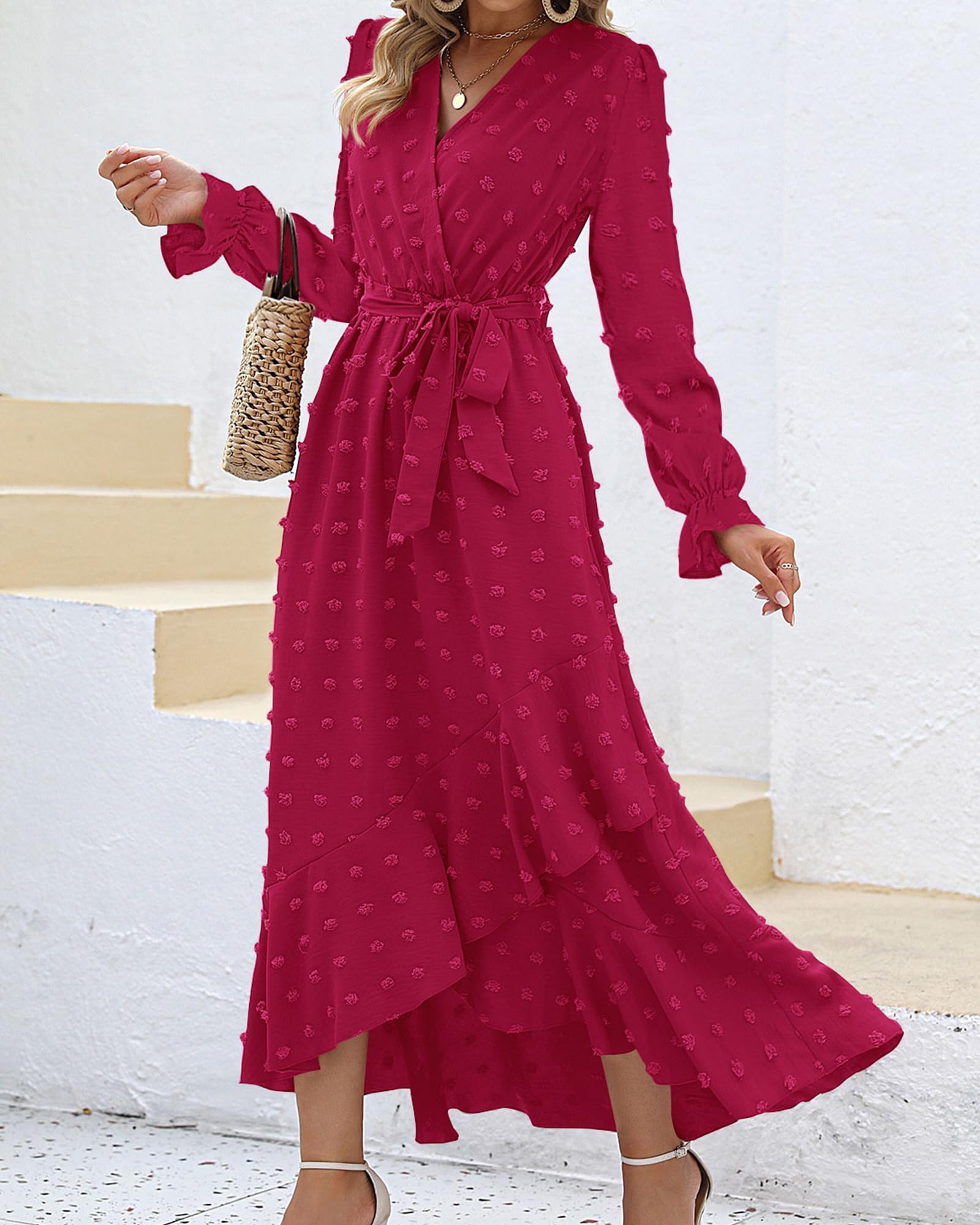 FreshPretty Long Sleeve Maxi Dresses for Women V Neck Swiss Dot Boho Flowy Slit Cocktail Wedding Guest Dress Fall Clothes