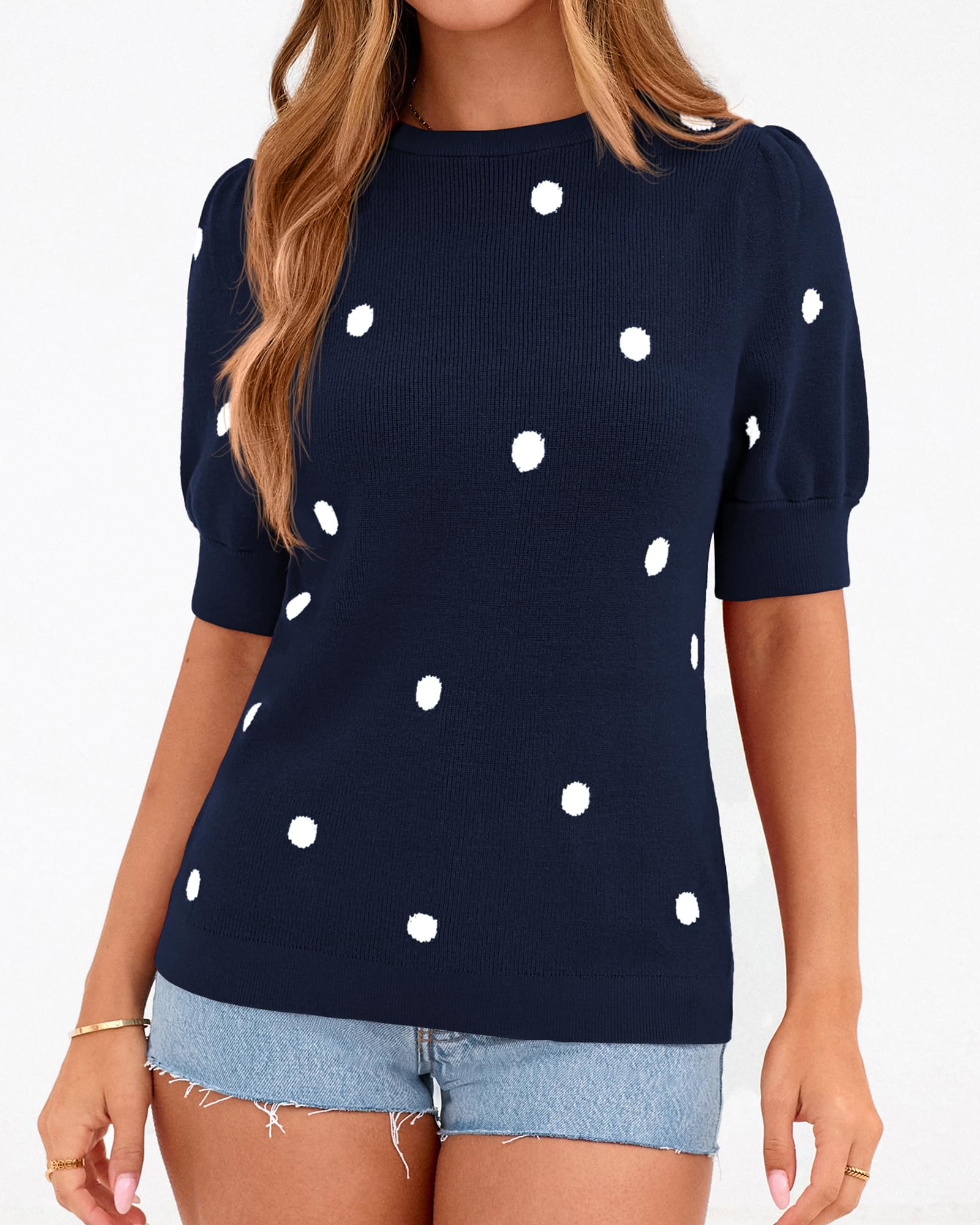 BTFBM Womens Sweaters Polka Dot Short Sleeve Sweater for Women Crew Neck Knit Summer Tops Business Dressy Casual Blouses