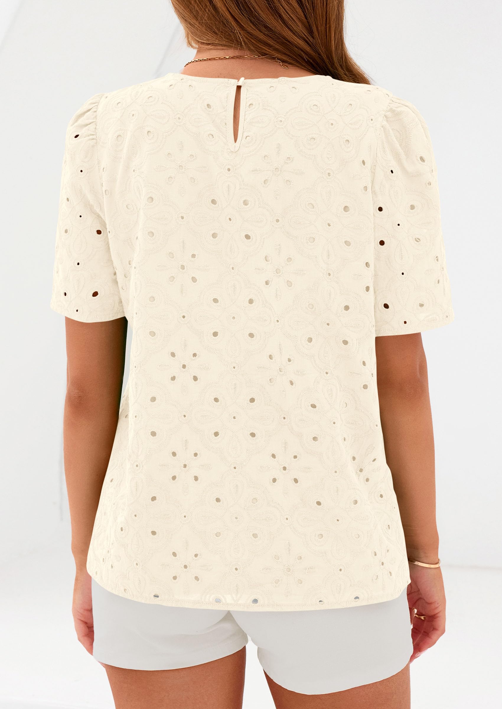 PRETTYGARDEN Women's Puff Short Sleeve Eyelet Shirts Summer Lace Blouses Dressy Casual Work Tops Spring Teacher Clothes