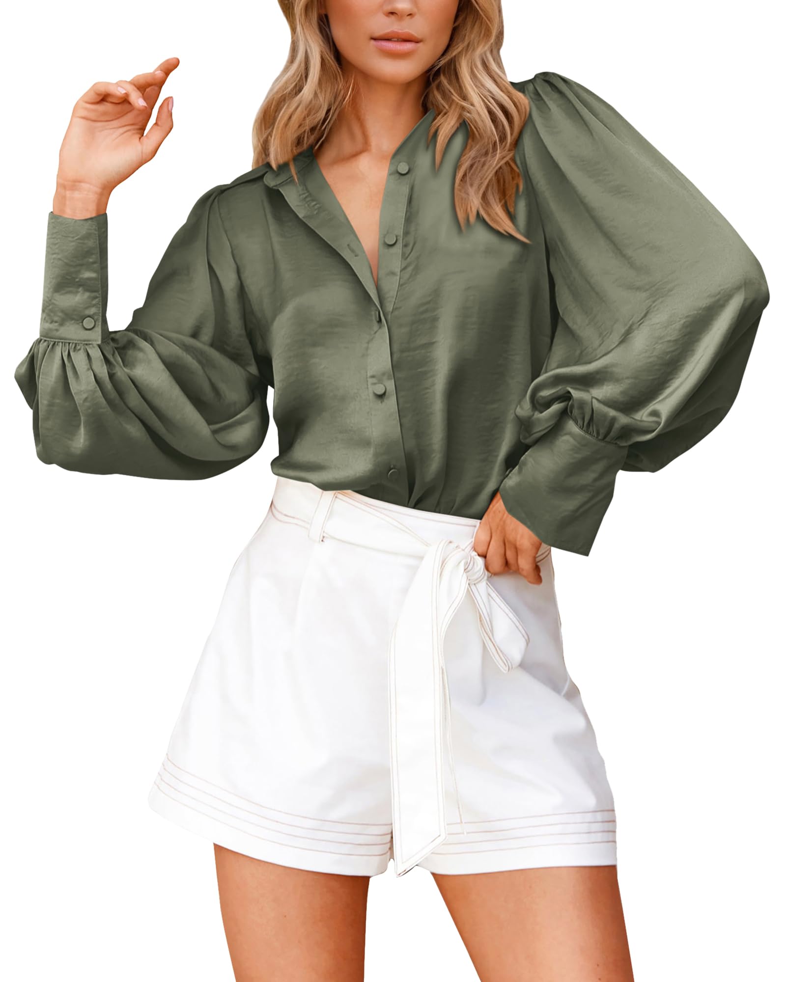 BTFBM Women Satin Blouses Summer Fall Clothes Button Down Lantern Long Sleeve Shirts Work Business Casual Dressy Tops
