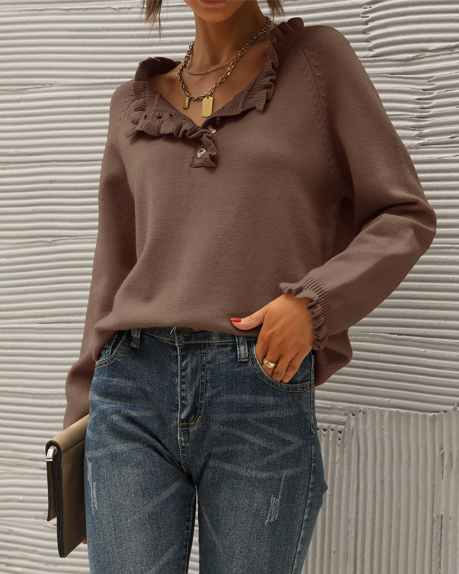 FreshPretty Womens Sweaters Fall Winter Clothes Long Sleeve Button Down Ruffle Crew Neck Casual Knitted Pullover Tops