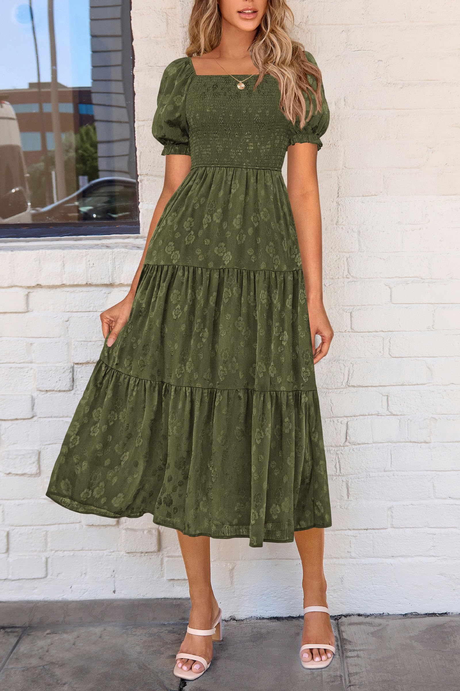 PRETTYGARDEN Women's Summer Casual Midi Dresses Square Neck Short Sleeve Smocked A Line Floral Flowy Elegant Boho Dress