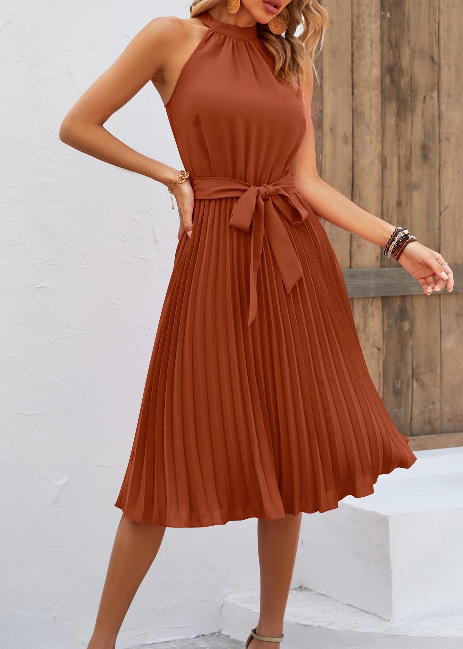 FreshPretty Women's Summer Sleeveless Halter Neck Pleated Midi Cocktail Dresses A Line Flowy Beach Sun Dress with Belt