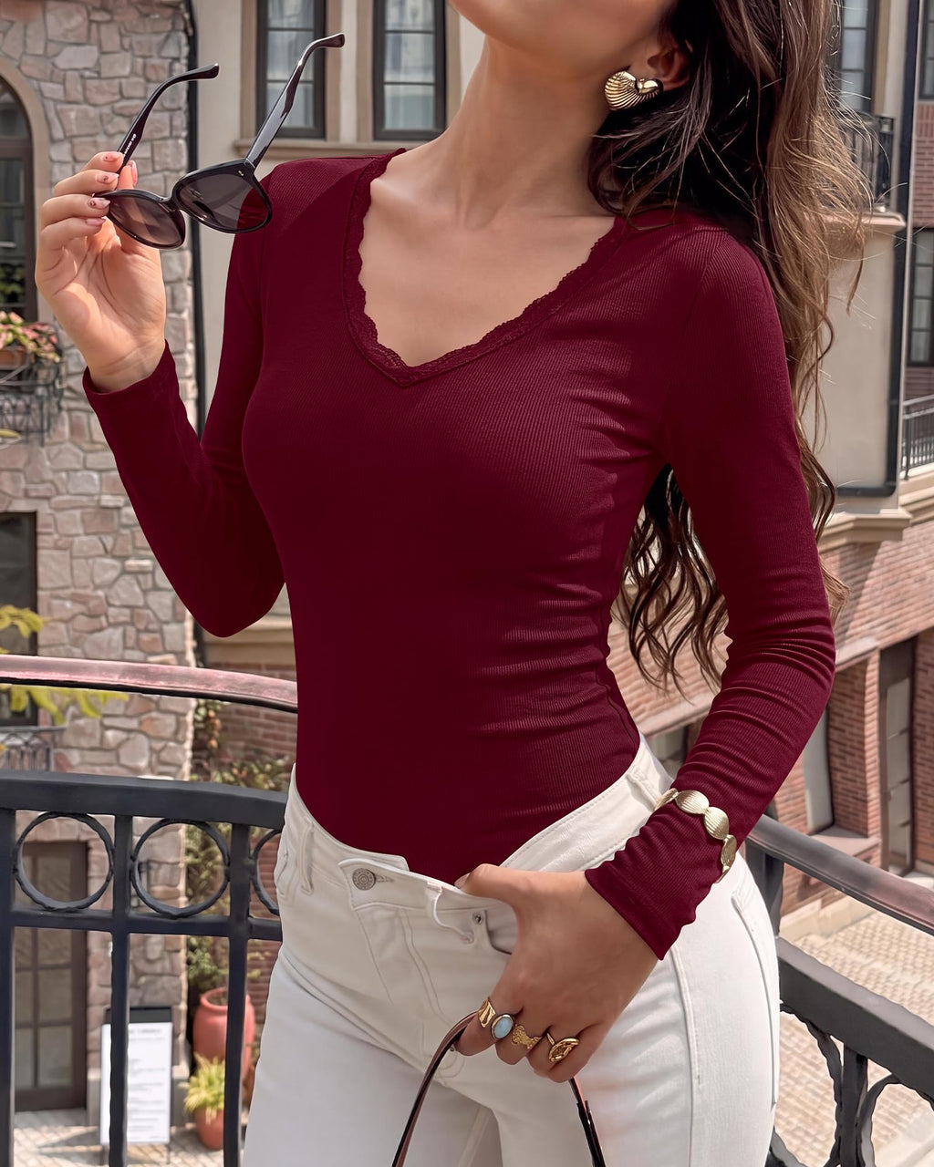 BTFBM Lace Deep V Neck Fitted Long Sleeve Shirts for Women | Womens Fall Fashion, Casual T Shirt, Base Layer, Basic Undershirts, Slim Fit Going Out Tops, Date Night Out Outfits
