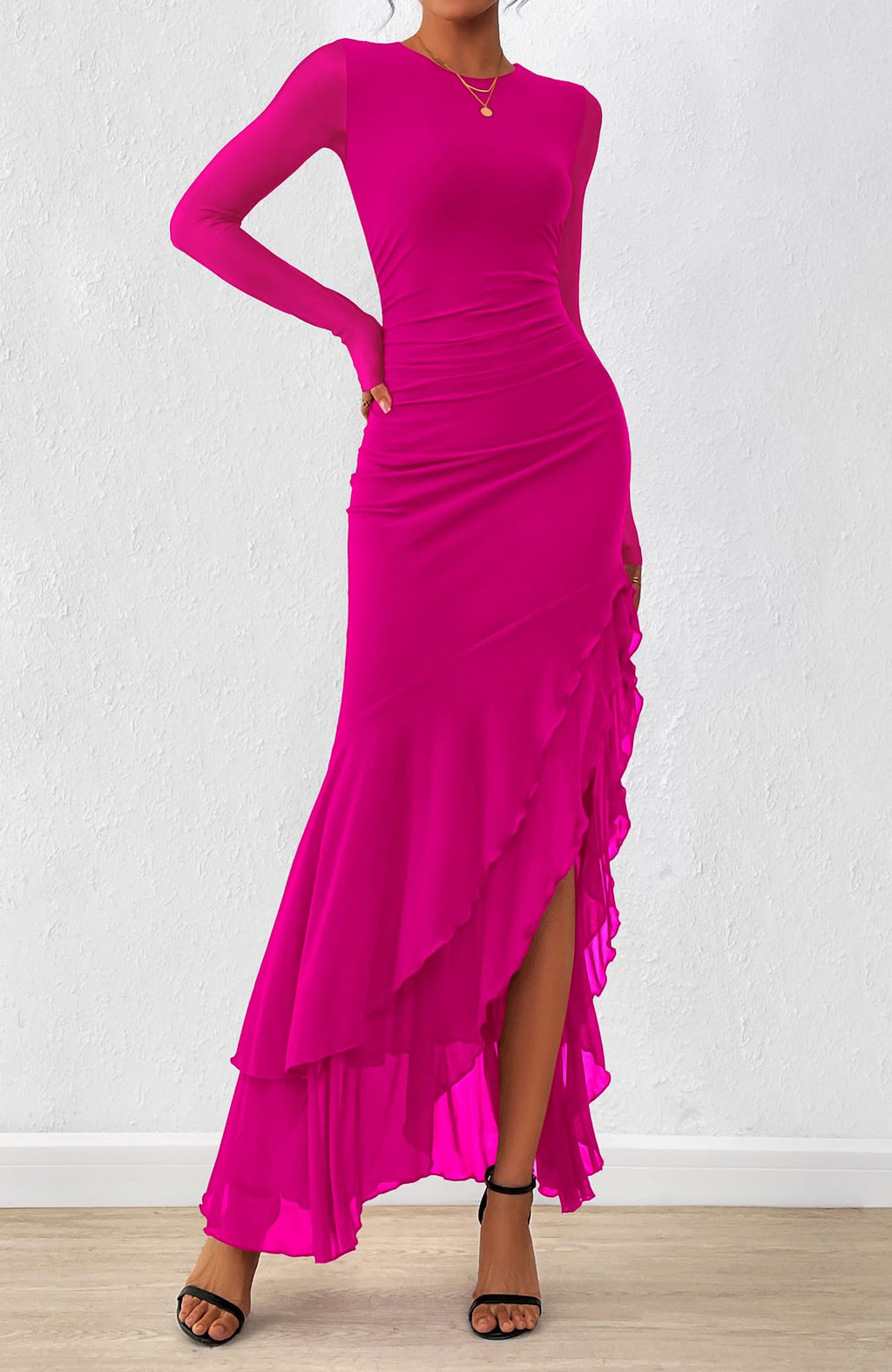 BTFBM Women's Maxi Dresses Fall Long Sleeve Wedding Guest Dress Mesh,Ruched,Bodycon,High Split,Solid Color,Ruffle, Mermaid,Cocktail Dresses,Prom,Party,Homecoming Dress,Fall Outfits