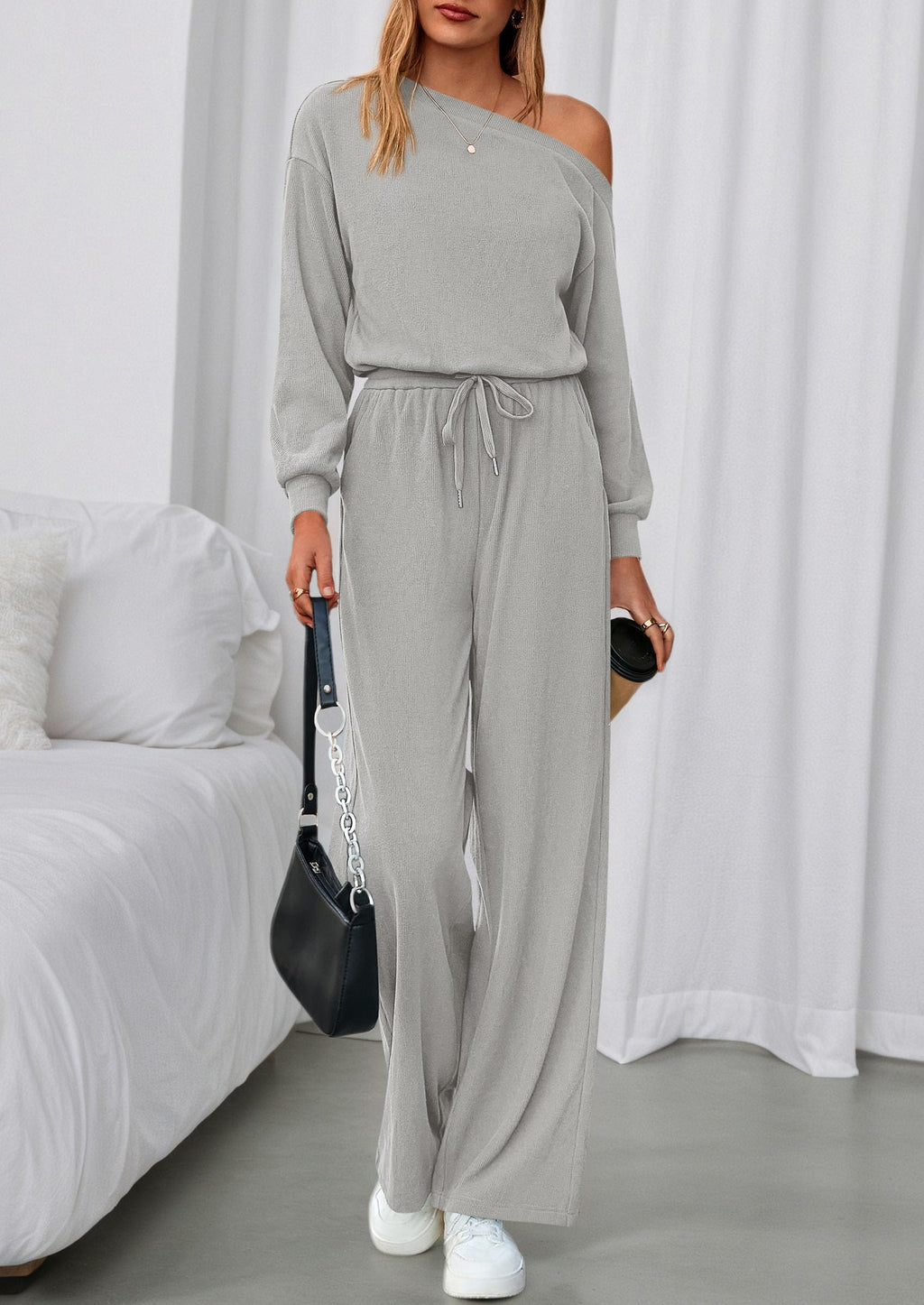 PRETTYGARDEN Long Sleeve Jumpsuit For Women Dressy Off Shoulder One Piece Loose Wide Leg Jumpsuits Casual Flowy Romper