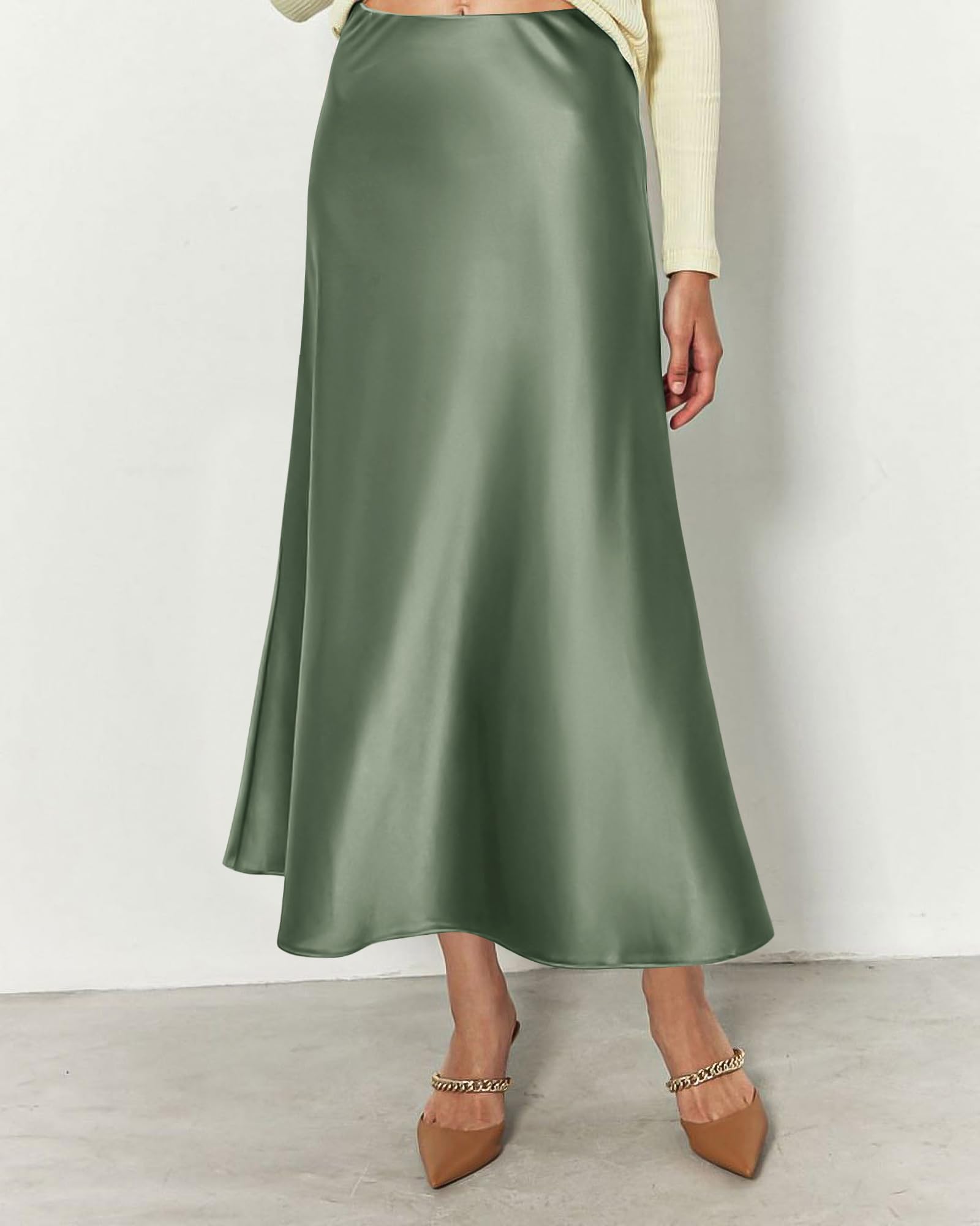 BTFBM Summer Womens Skirts Silk Elegant High Waist Flowy Long Satin A-Line Midi Skirt Cocktail Wedding Party