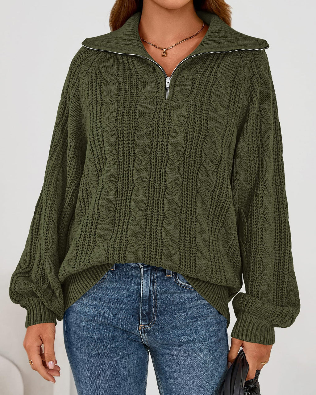 BTFBM Sweaters for Women Fall Fashion Loose Quarter Zip Pullover Collared Long Sleeve Cable Knit Winter Clothes