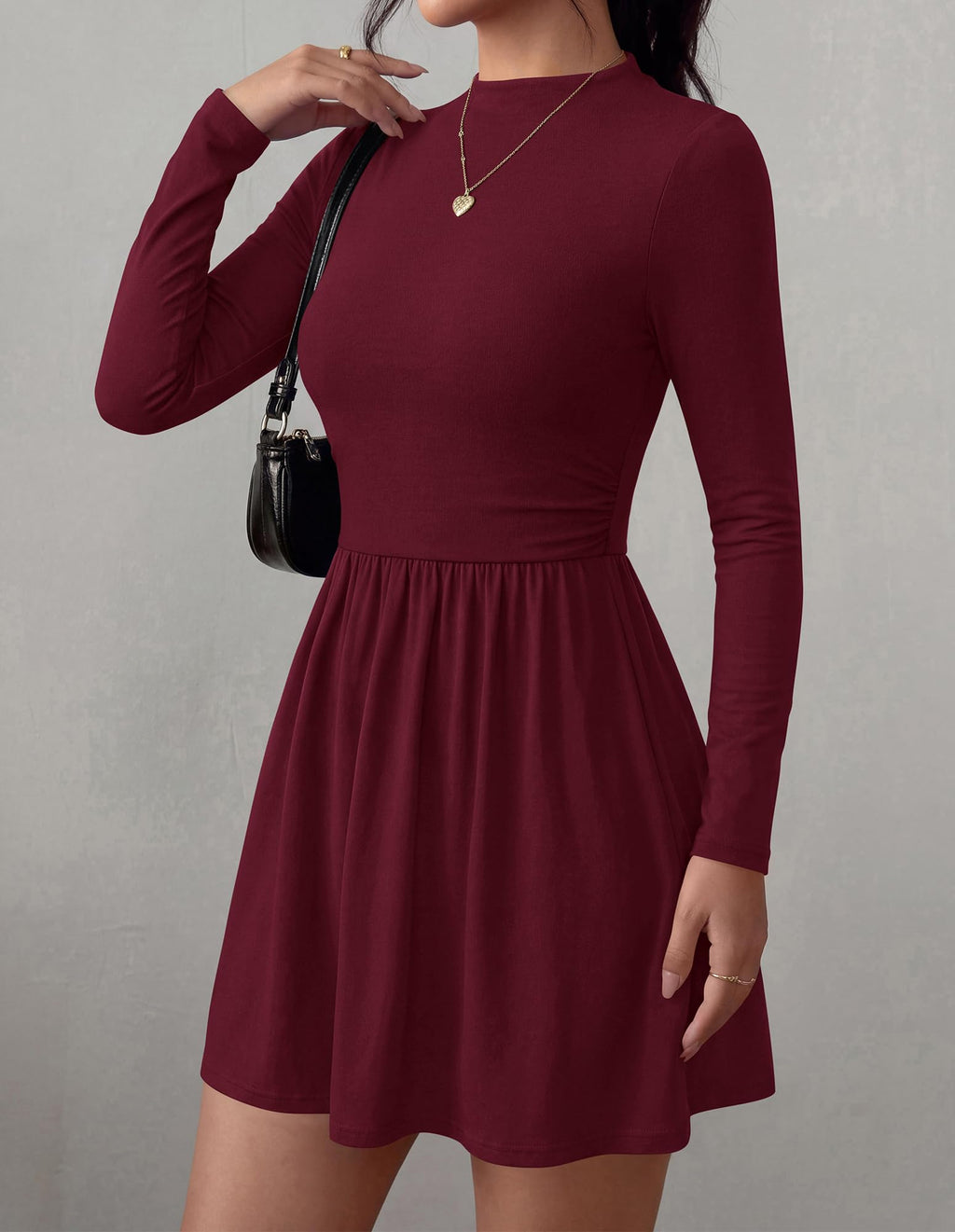 BTFBM Long Sleeve Dresses for Women Mock Neck A Line Flowy Mini Dress Swing Pleated Hem,Cocktail Party Club Holiday Going Out Outfits,Dressy Casual Winter,Trendy Early Fall Fashion Clothing