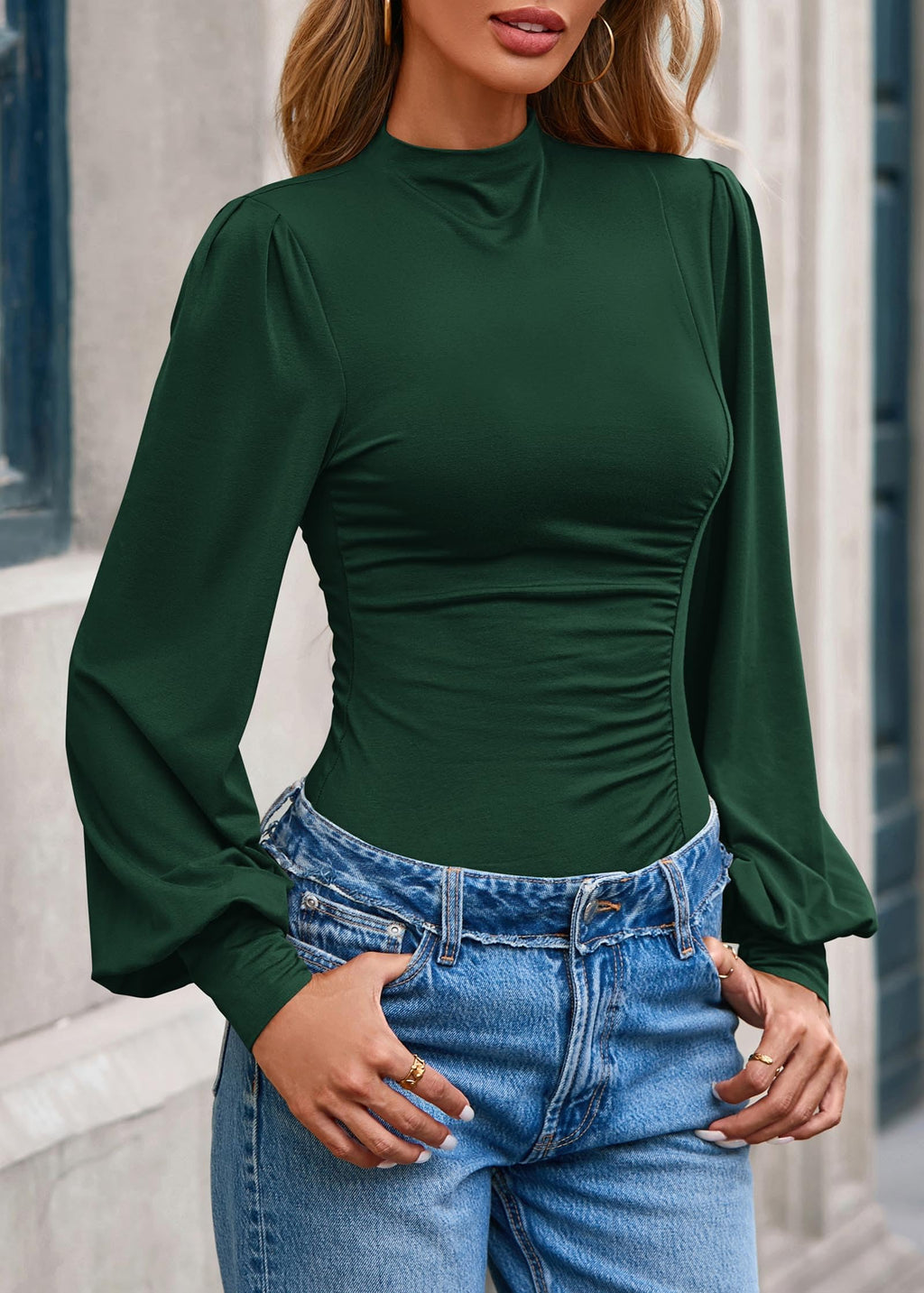 FreshPretty Blouses for Women Dressy Casual Spring Tops Fall Puff Long Sleeve Shirts Fitted Mock Neck Ruched Trendy Tops