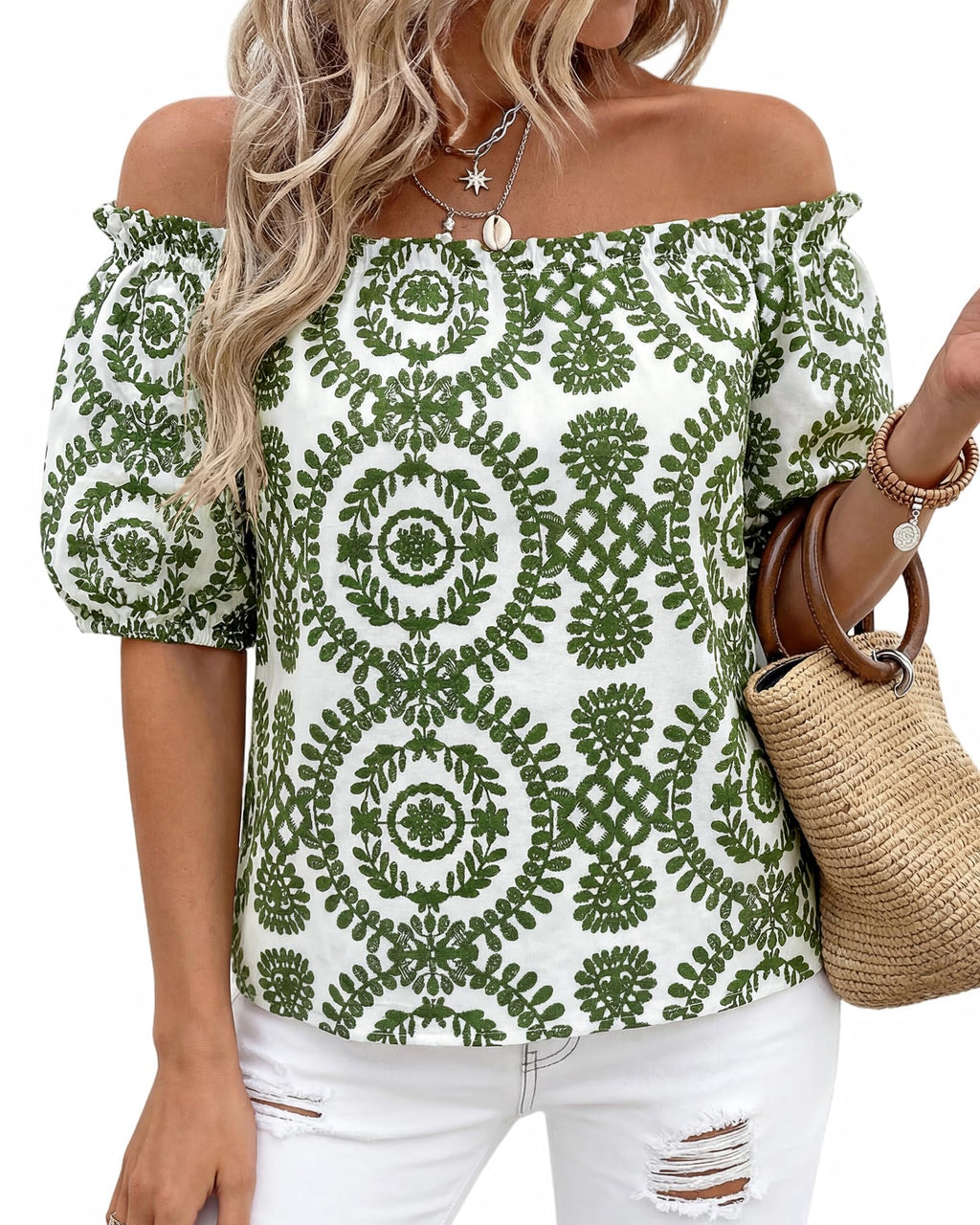 BTFBM Off The Shoulder Spring Tops for Women Summer Blouses Boho Floral Short Sleeve Shirts Dressy Casual Outfits