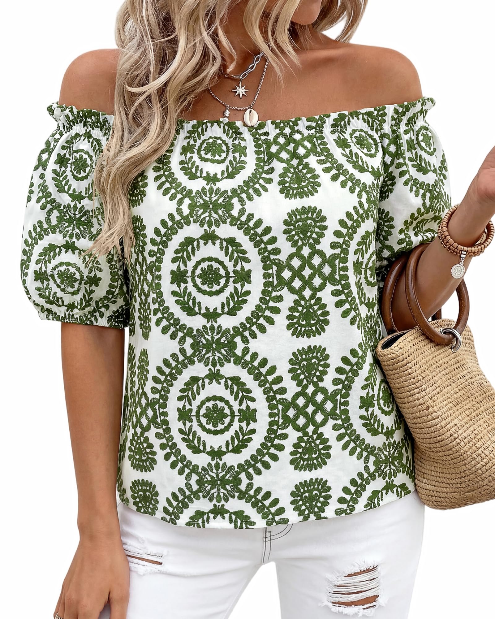 BTFBM Off The Shoulder Spring Tops for Women Summer Blouses Boho Floral Short Sleeve Shirts Dressy Casual Outfits