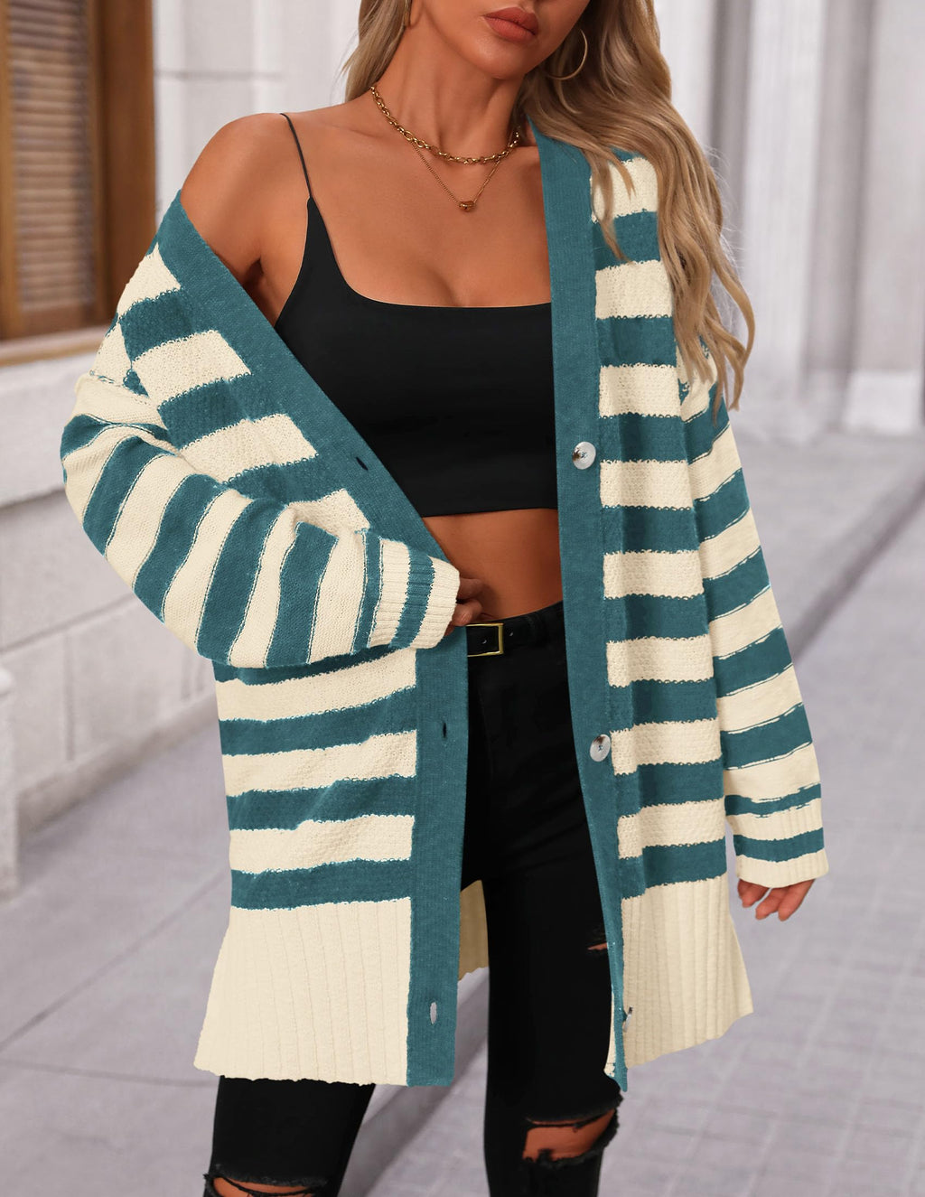 PRETTYGARDEN Women's Winter Striped Cardigan Sweaters Long Sleeve Button Down Open Front Chunky Knit Oversized Sweater Coat