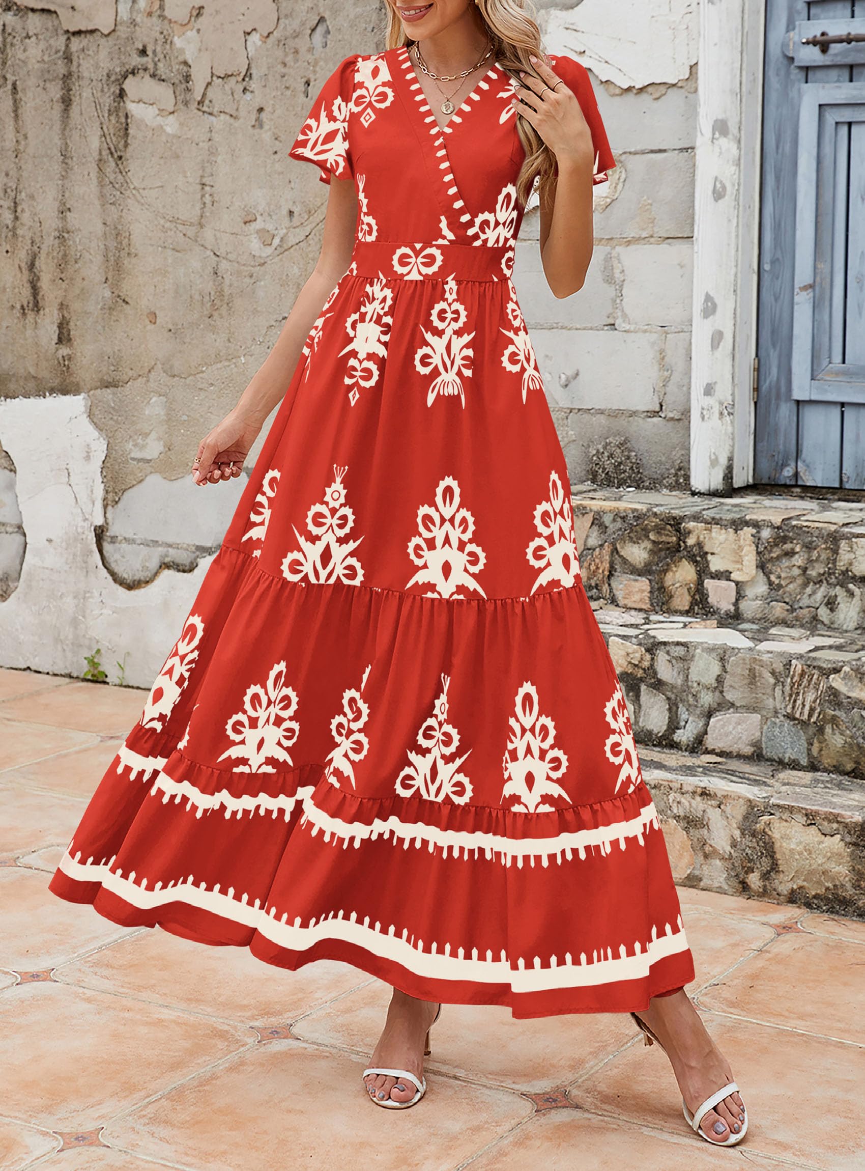 PRETTYGARDEN Womens Summer Casual V Neck Boho Maxi Dress Flowy Aline Bell Sleeve Tiered Floral Dresses with Pocket