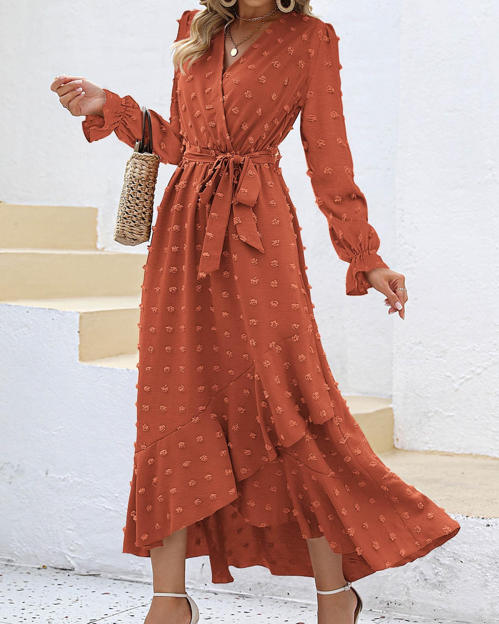 FreshPretty Long Sleeve Maxi Dresses for Women V Neck Swiss Dot Boho Flowy Slit Cocktail Wedding Guest Dress Fall Clothes