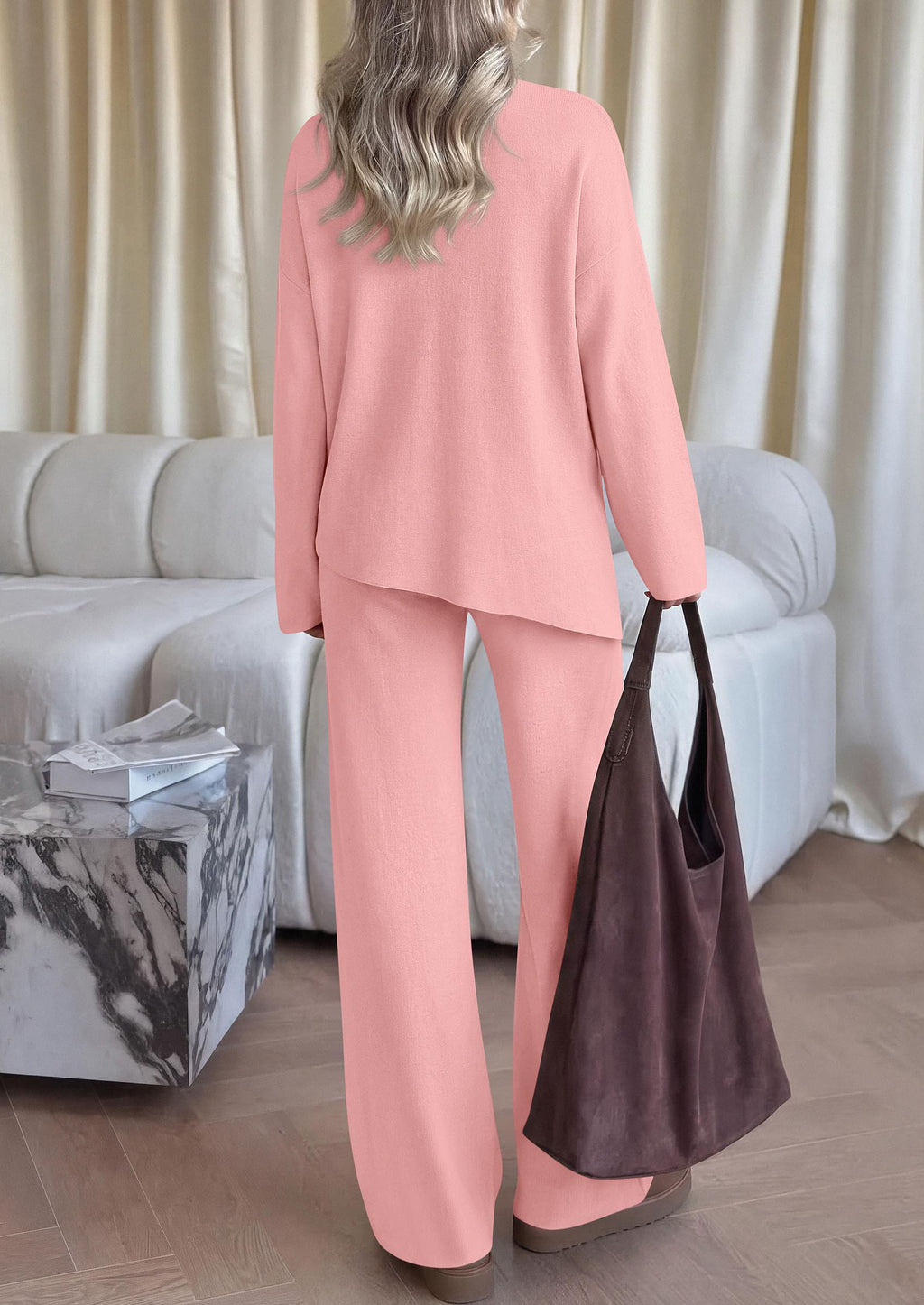 PRETTYGARDEN Womens Fall 2 Piece Asymmetric Cozy Sweater Travel Lounge Sets Crewneck Drop Shoulder Tops, Wide Leg Pants, Soft Casual Knit Matching Set,Vacation Airport Holiday Outfits