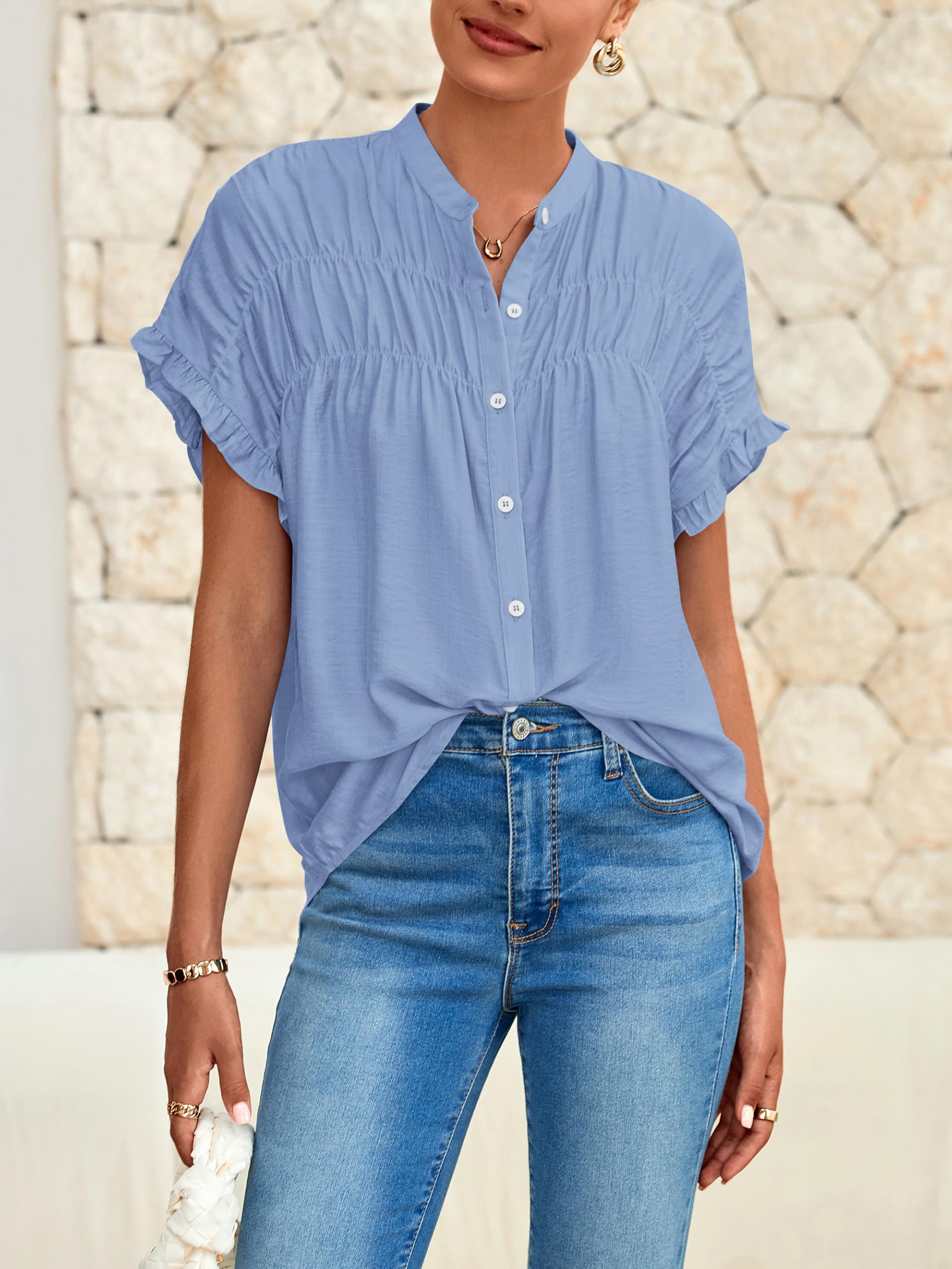 FreshPretty Womens Button Down Shirts Ruffle Short Sleeve Loose Summer Tops Dressy Casual V Neck Business Work Blouses