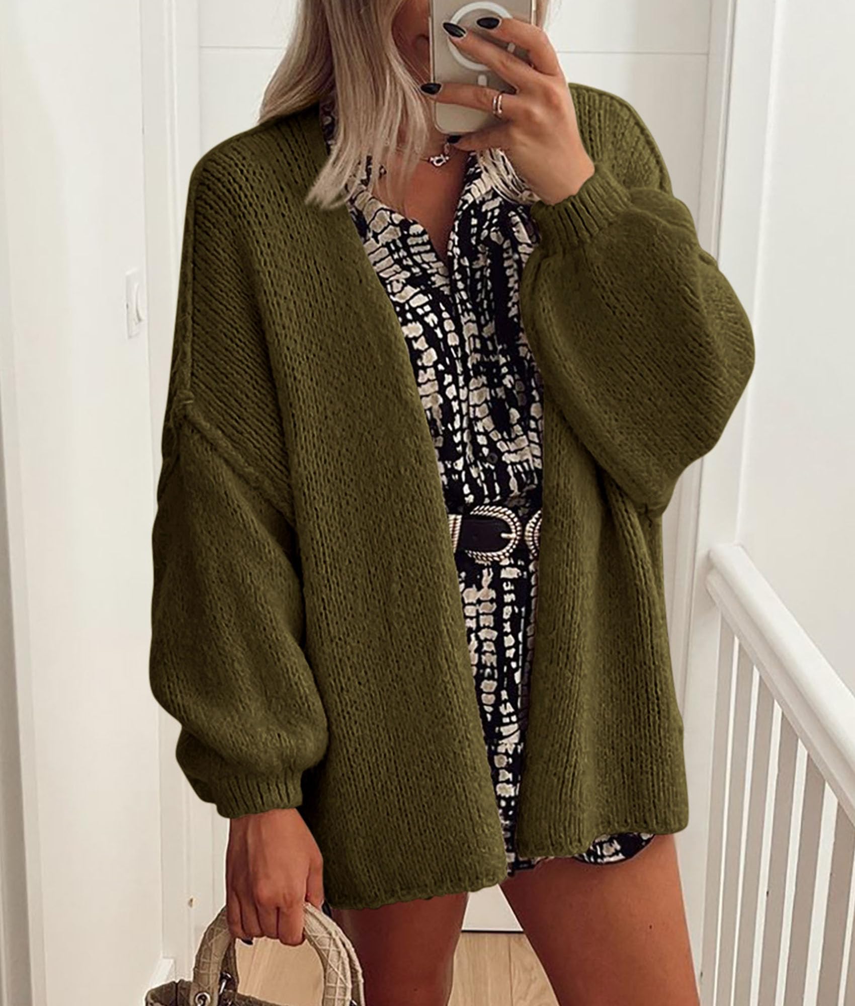 PRETTYGARDEN Womens Oversized Cardigan Sweaters Fall Long Lantern Sleeve Knit Open Front Lightweight Sweater