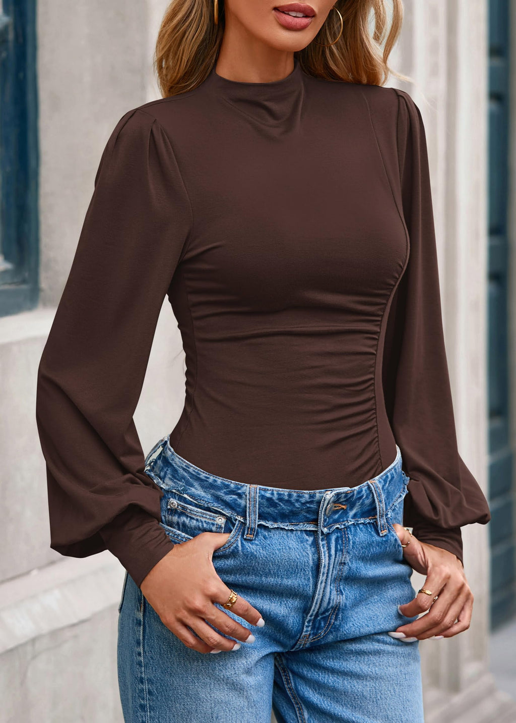 FreshPretty Blouses for Women Dressy Casual Spring Tops Fall Puff Long Sleeve Shirts Fitted Mock Neck Ruched Trendy Tops