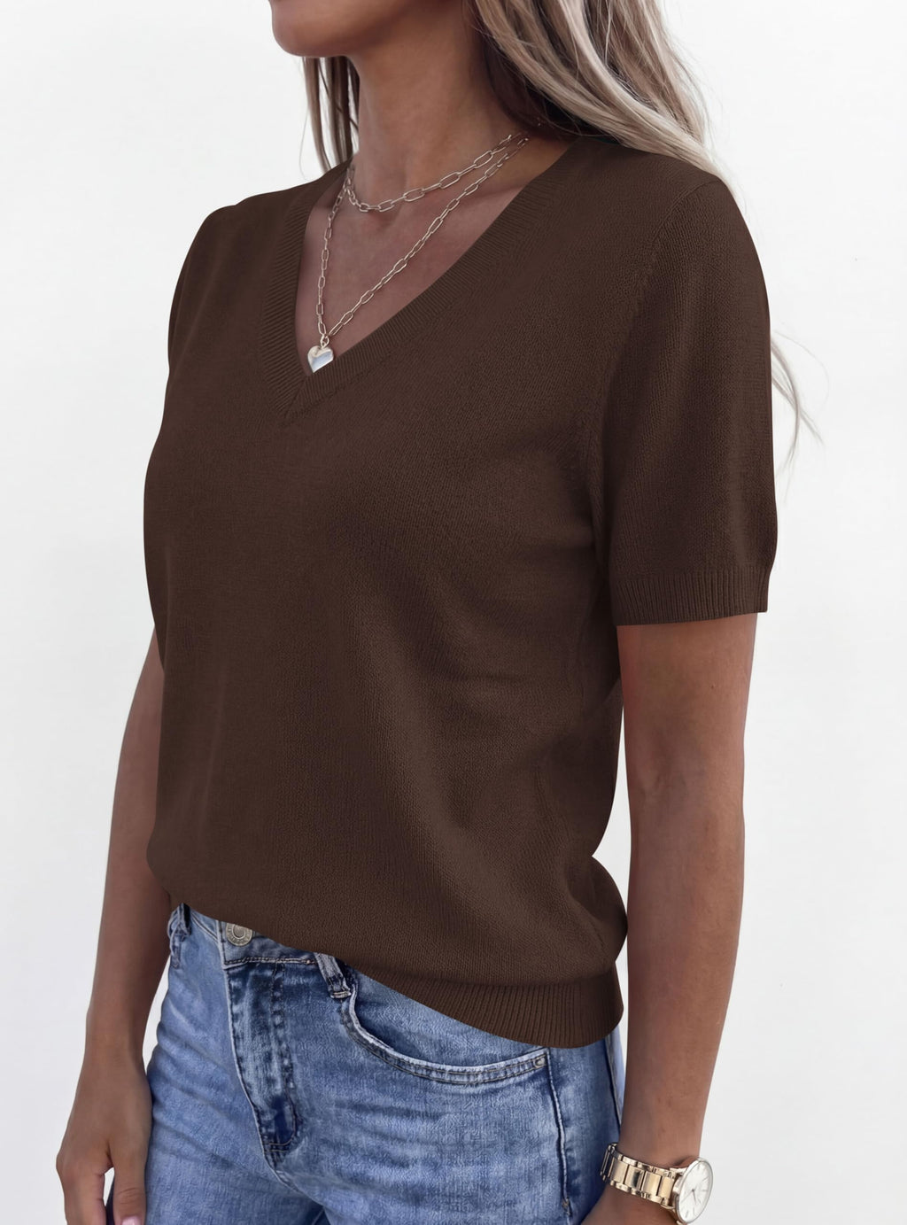PRETTYGARDEN Womens Short Sleeve Sweater V Neck Trendy Pullover Tops Summer Spring Loose Lightweight Casual Blouse
