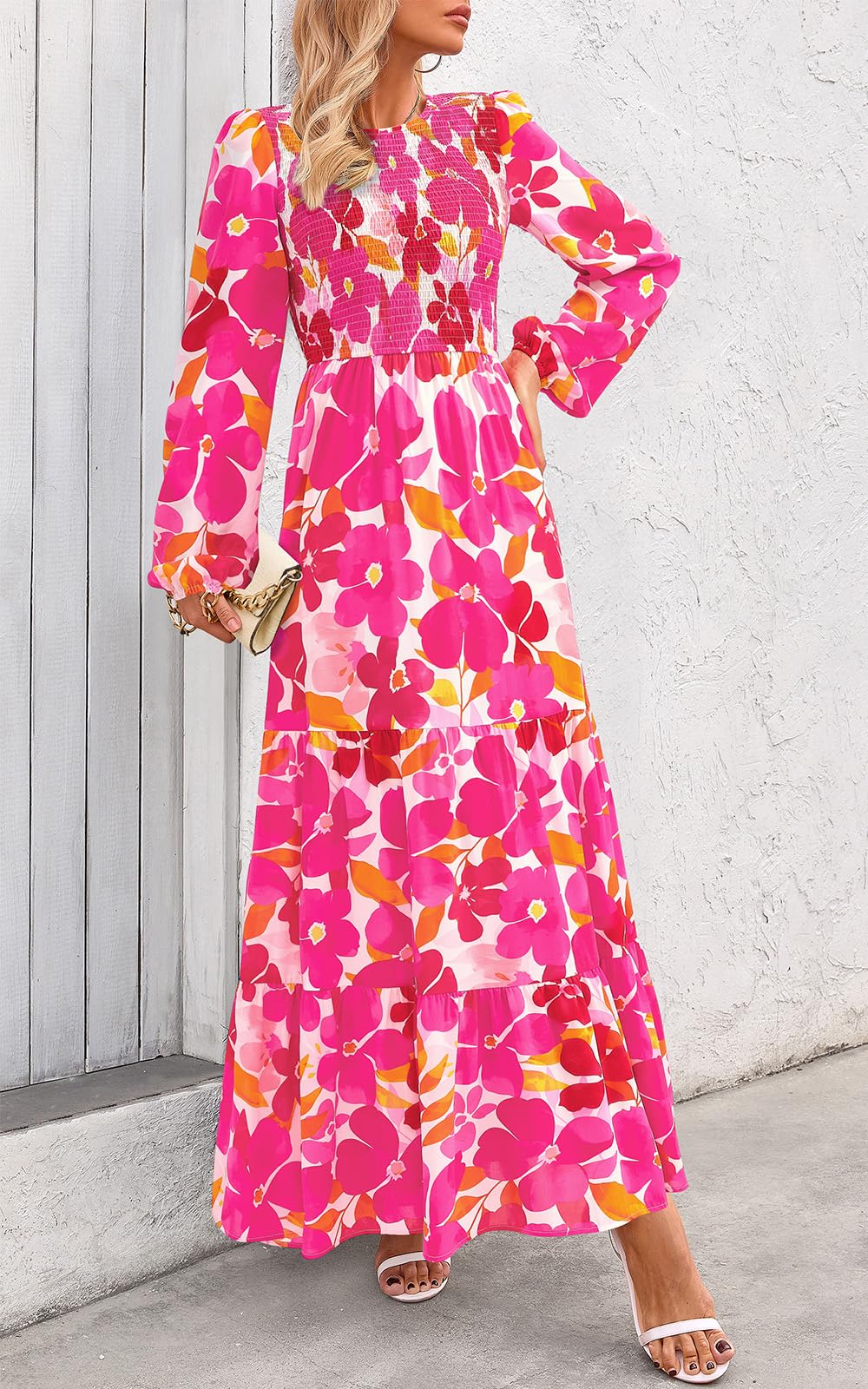 PRETTYGARDEN Women's Fall Dresses Long Sleeve Flowy Casual Floral Maxi Dress Crew Neck Smocked Tiered Long Dress