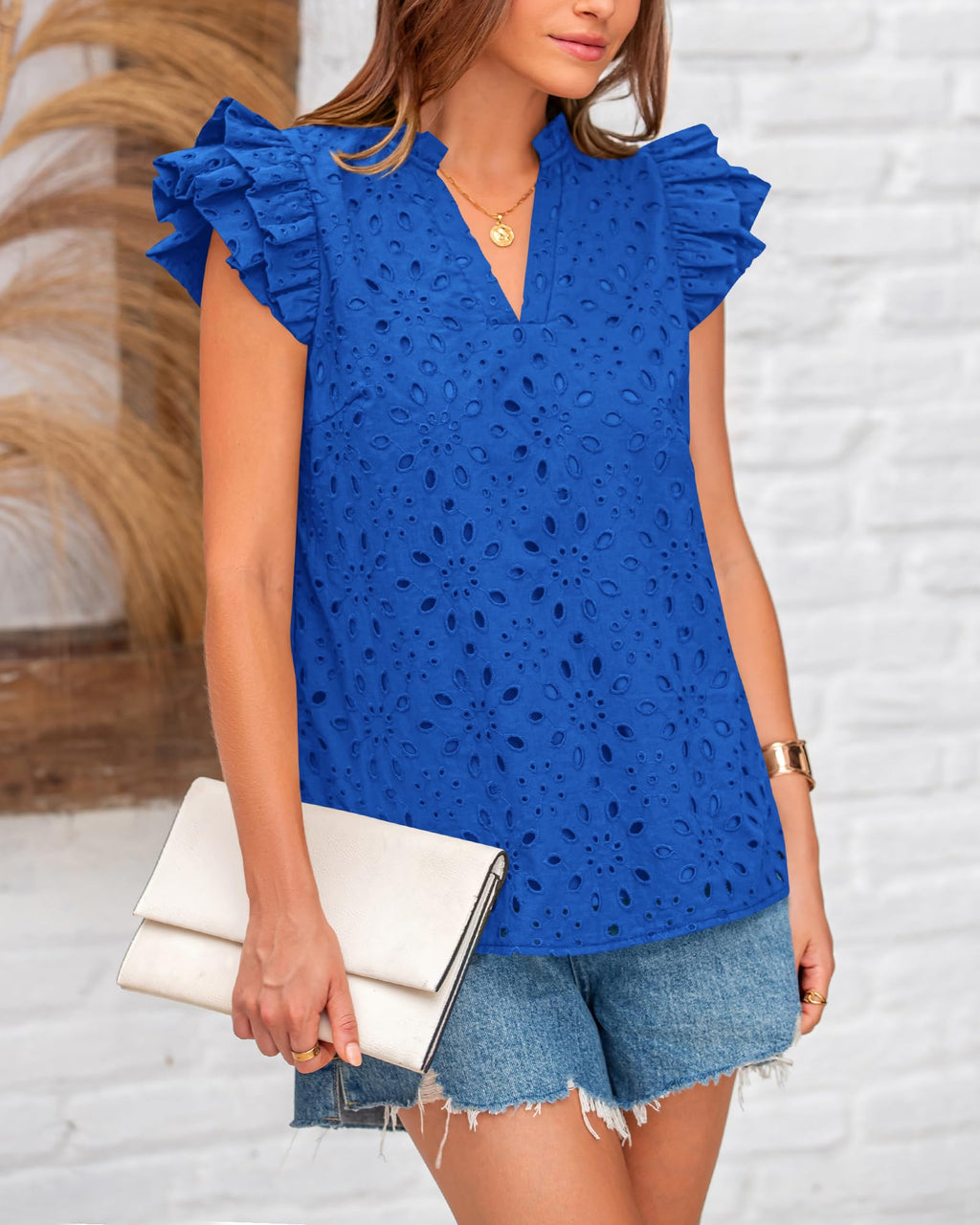 FreshPretty Women Summer Eyelet Tops Dressy Casual V Neck Ruffle Cap Sleeve Cotton Boho Shirts Lace Embroidered Blouses