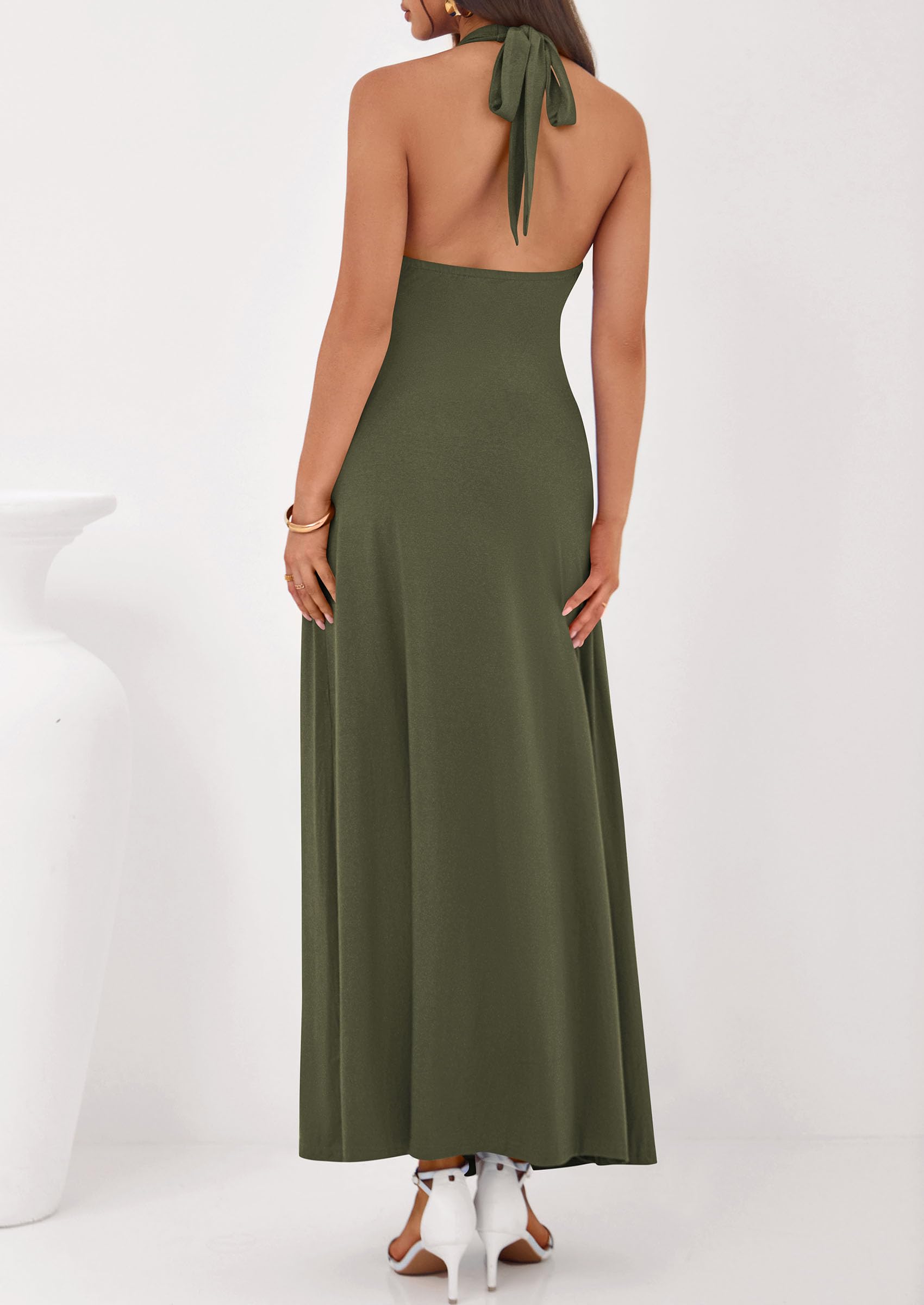 PRETTYGARDEN Holiday Cocktail Dresses for Women Summer Elegant V Neck Halter Backless Wedding Guest Party Midi Dress