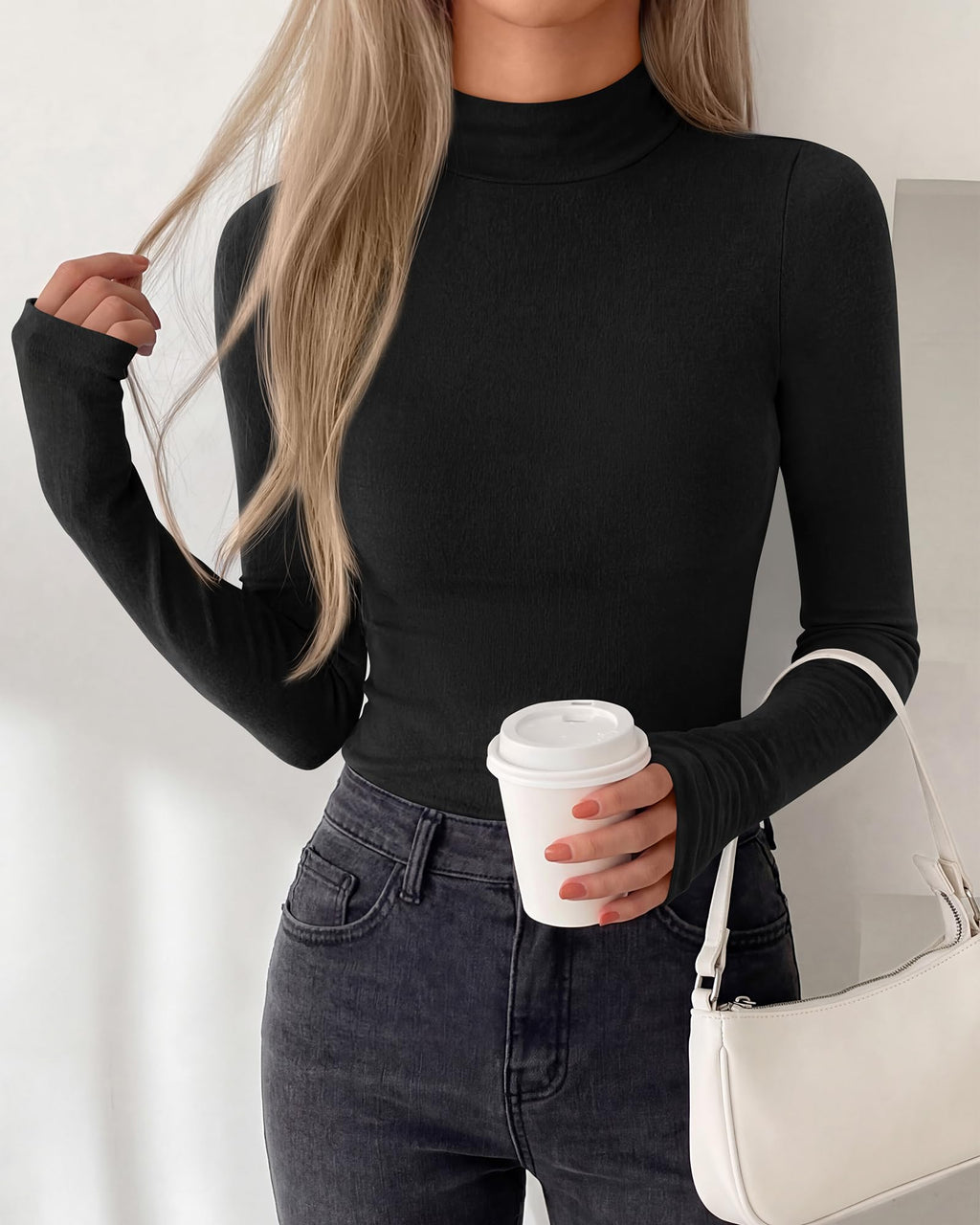 BTFBM Turtleneck Tops for Women Thumbhole Long Sleeve Shirts | Lightweight Fleece Lining, Casual Basic Layering Top, Slim Fit Stretch Winter Thermal Underwear, Fall Fashion Clothing