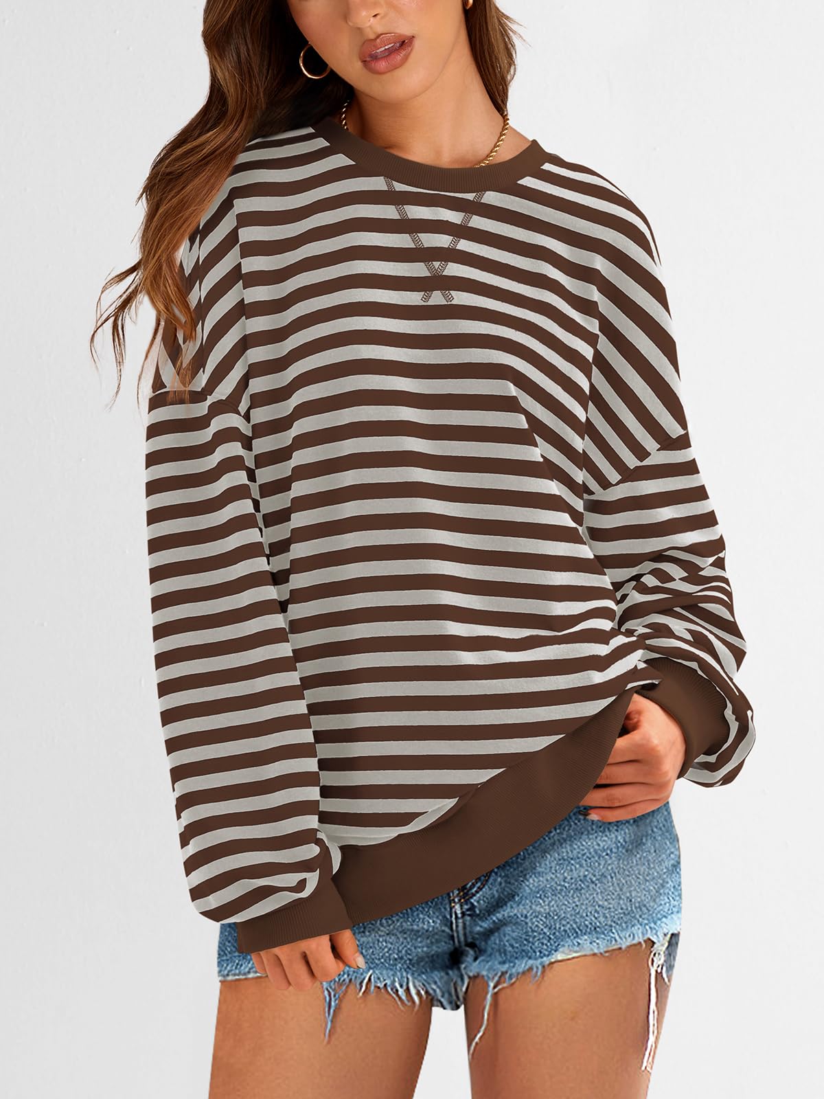 PRETTYGARDEN Womens Striped Oversized Sweatshirt Color Block Crew Neck Long Sleeve Casual Loose Pullover Top Y2K Clothes