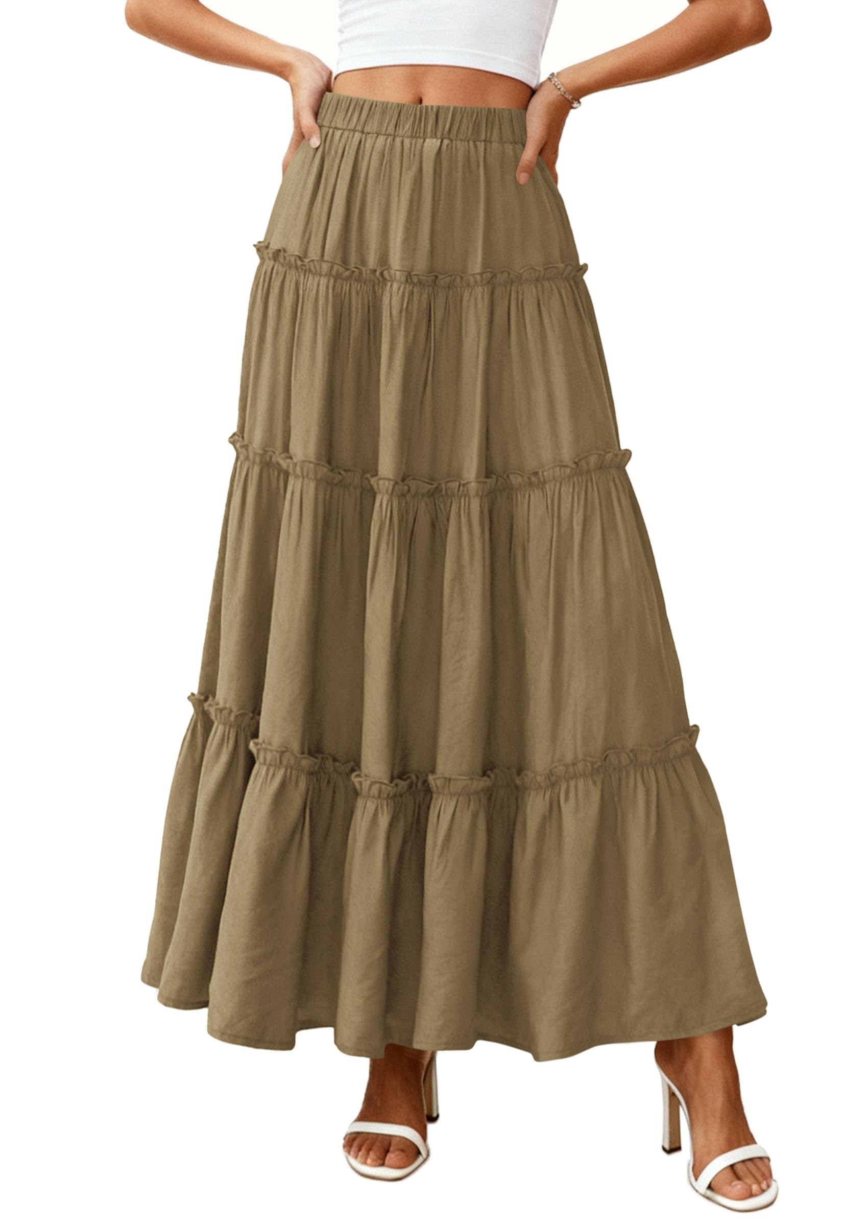 PRETTYGARDEN Women's Tiered Maxi Skirt Summer Spring Fashion High Waisted Long Flowy Casual Boho Beach Vacation Clothes