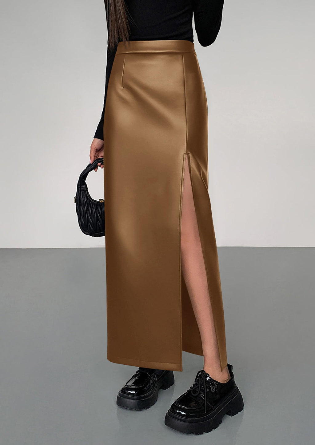 PRETTYGARDEN Womens Faux Leather Skirts Fall Fashion Bodycon High Waisted Slit Work Office Winter Maxi Long Pencil Skirt