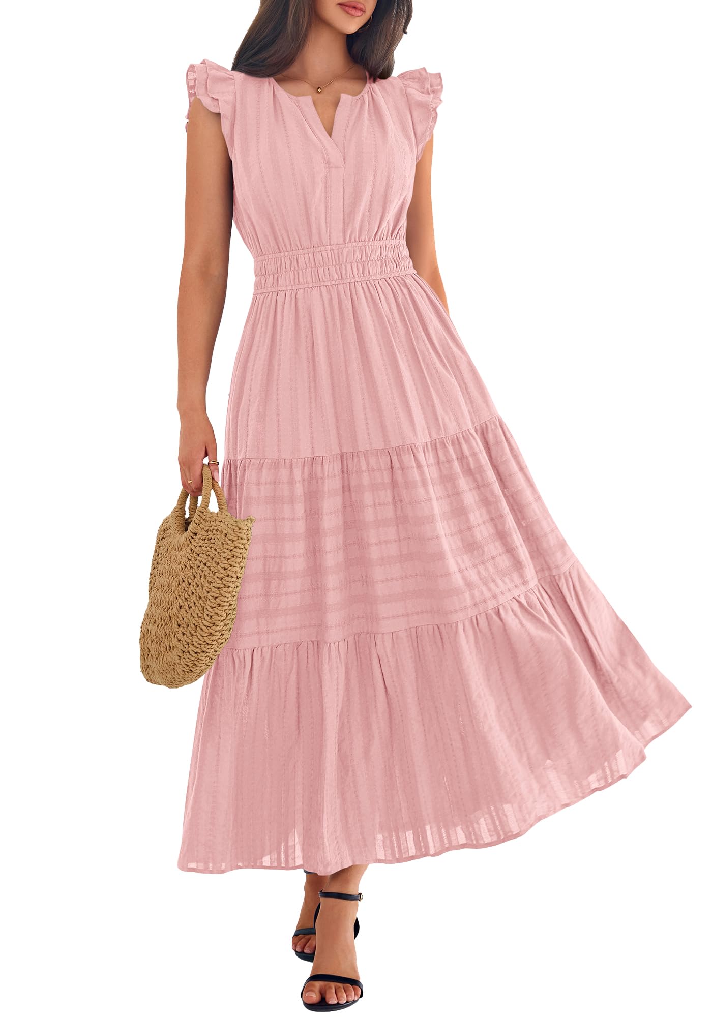 BTFBM Womens Summer Maxi Dress  Spring Boho Vacation Ruffle Flutter Short Sleeve A Line Tiered Flowy Dresses Pockets