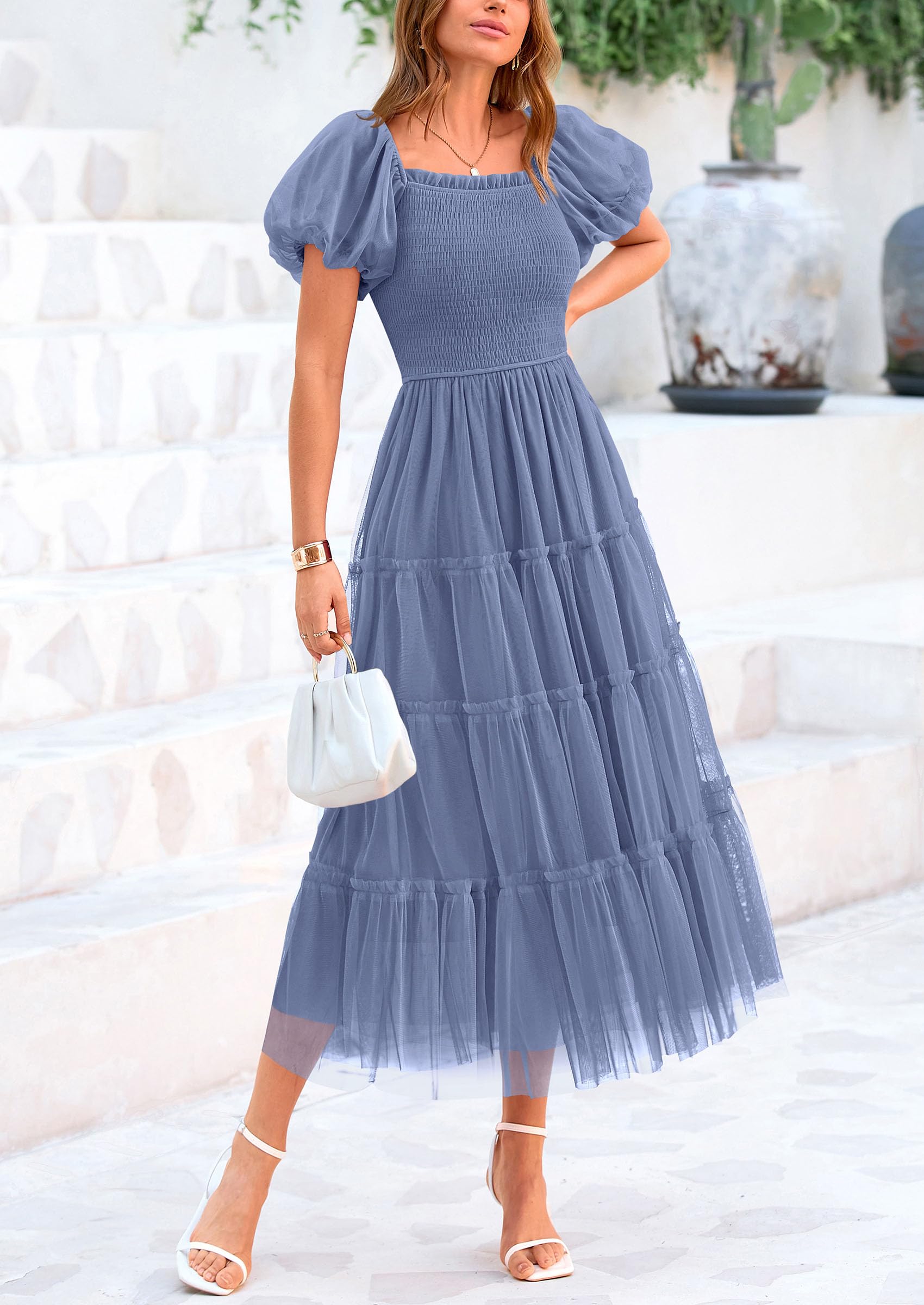 PRETTYGARDEN Women's Smocked Midi Tulle Dress  Summer Puffy Short Sleeve Square Neck Ruffle Wedding Guest Party Dresses