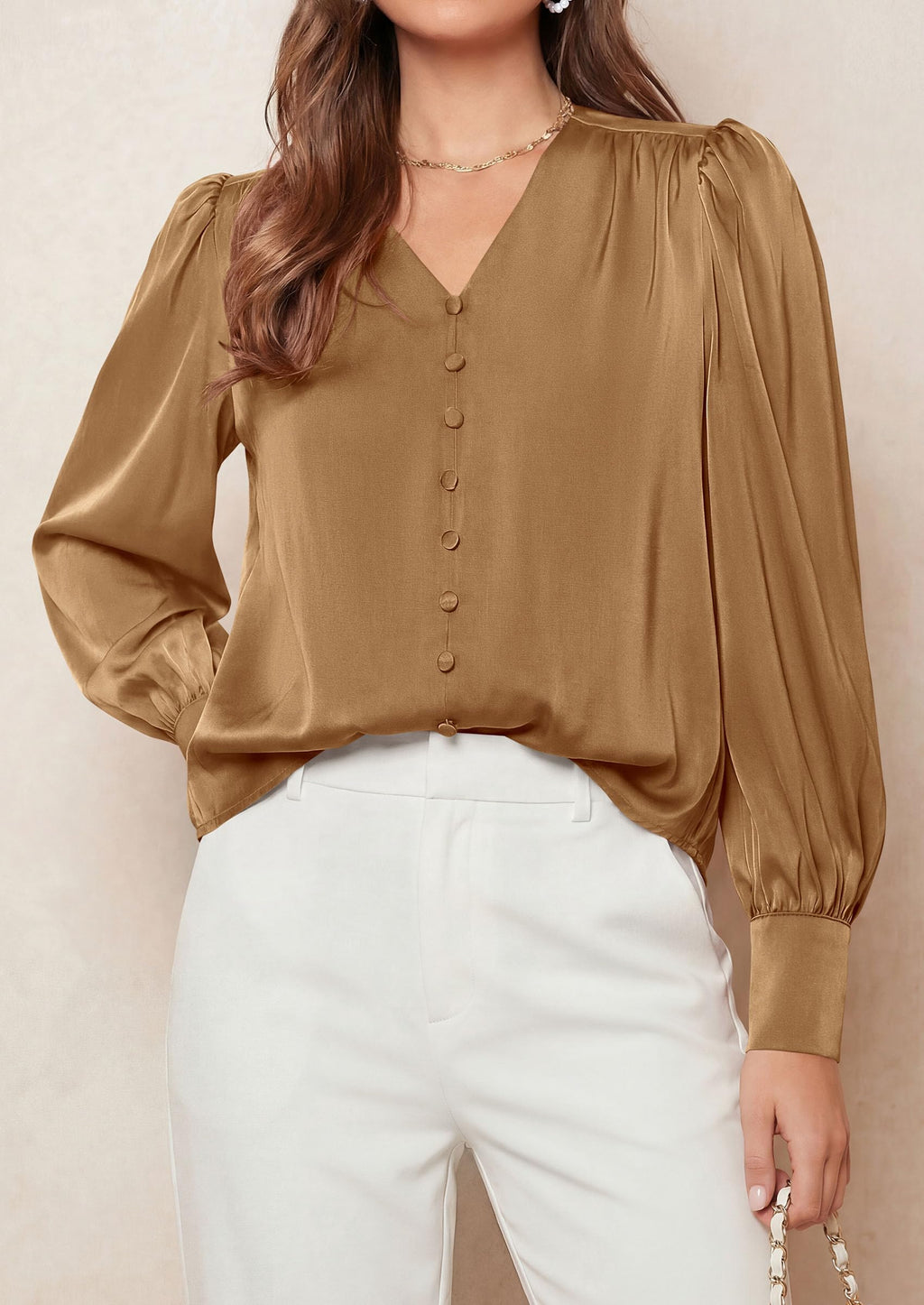 PRETTYGARDEN Satin Long Sleeve Womens Blouses Dressy Casual | Glossy Smooth Silk Fabric,Lantern Sleeve Fall Tops,Decorative Button Pullover,V Neck Shirts,Office Work Business Outfits