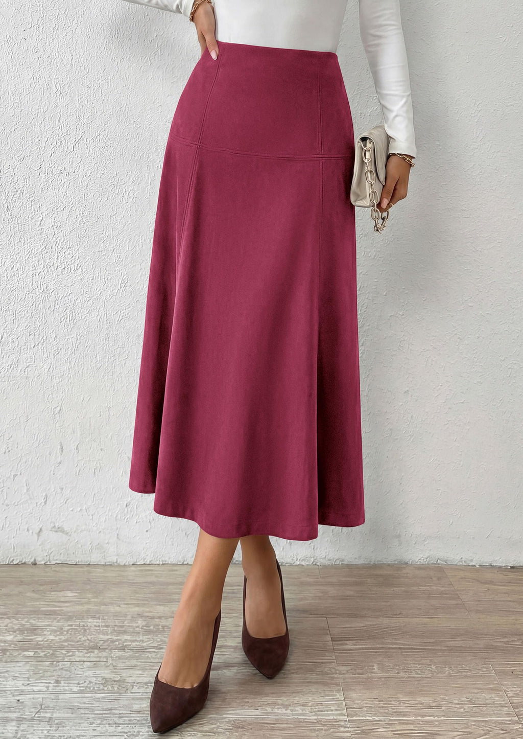 PRETTYGARDEN Womens High Waist Faux Suede A Line Midi Skirt | Hidden Stretch Elastic Waist, Front Back Panel Stitching, Vintage Elegant Mid-Calf Long Skirts for Fall Winter Office Daily