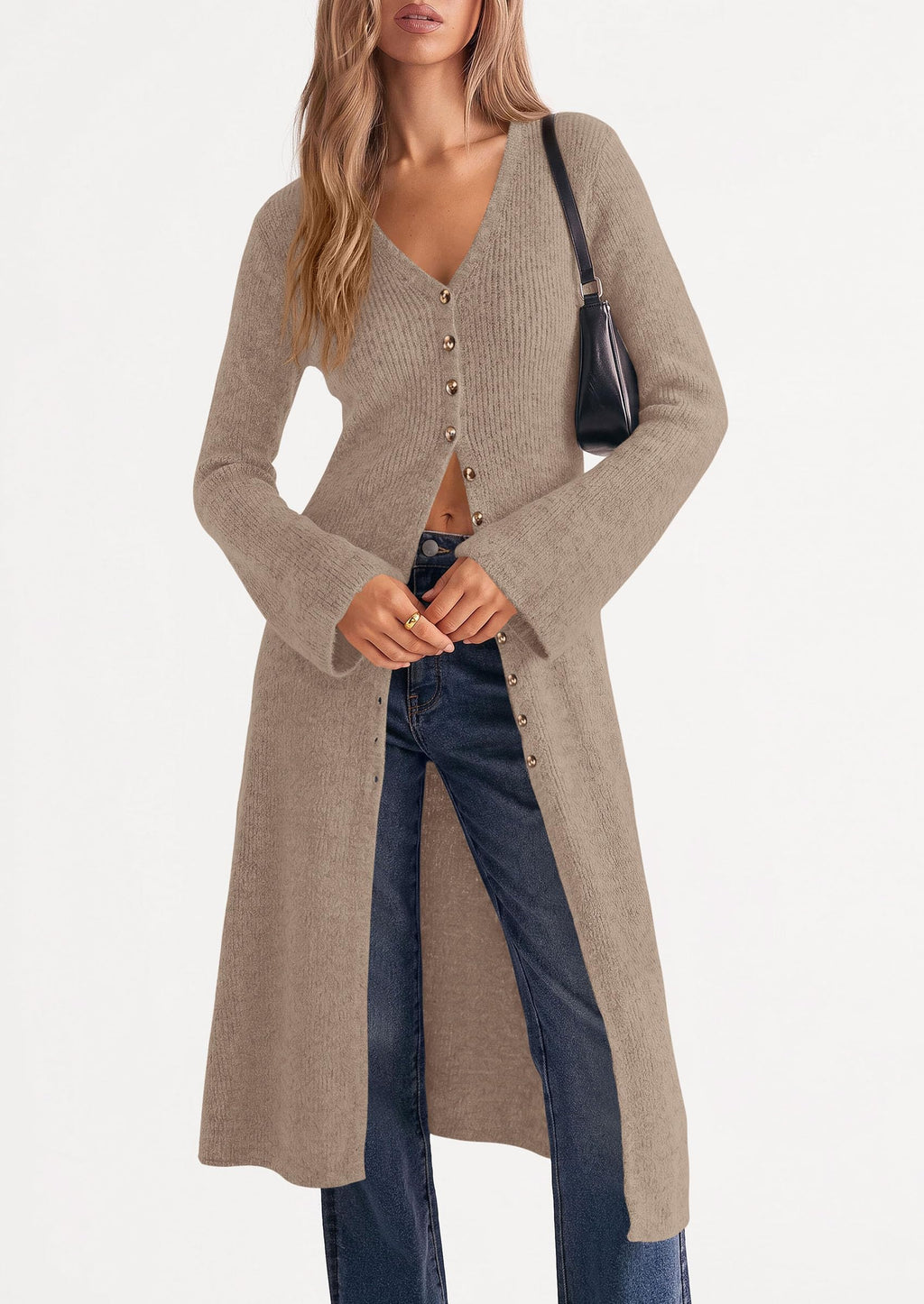 PRETTYGARDEN Women Long Cardigan Bell Sleeve Sweater Dress Early Fall Fashion, V Neck Button Down Coats, Fit and Flare, Duster Sweater, Acrylic Cotton Blend