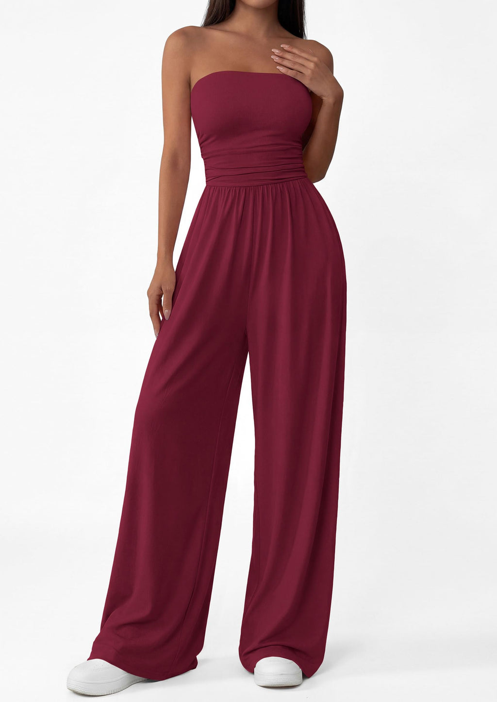 PRETTYGARDEN Womens Trendy Strapless Rompers Ruched Tube Top Wide Leg One Piece Jumpsuits Beach Vacation Summer Outfits