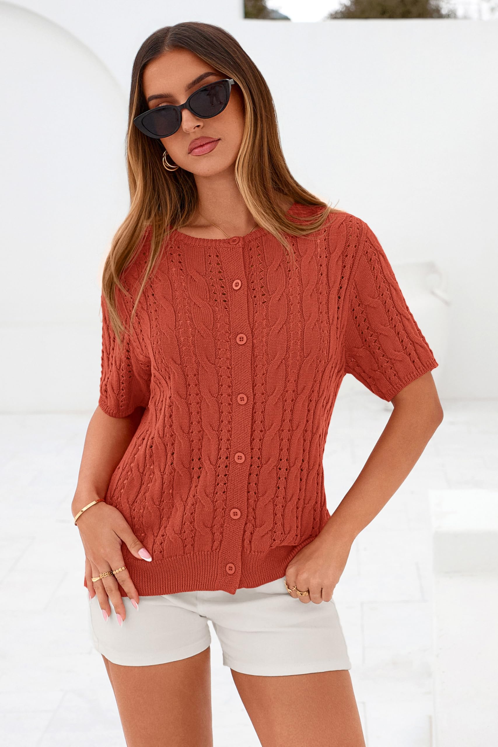 FreshPretty  Women Summer Cable Knit Crochet Cardigan Sweaters Casual Button Short Sleeve Sweater Cute Beach Hollow Out Knit Top