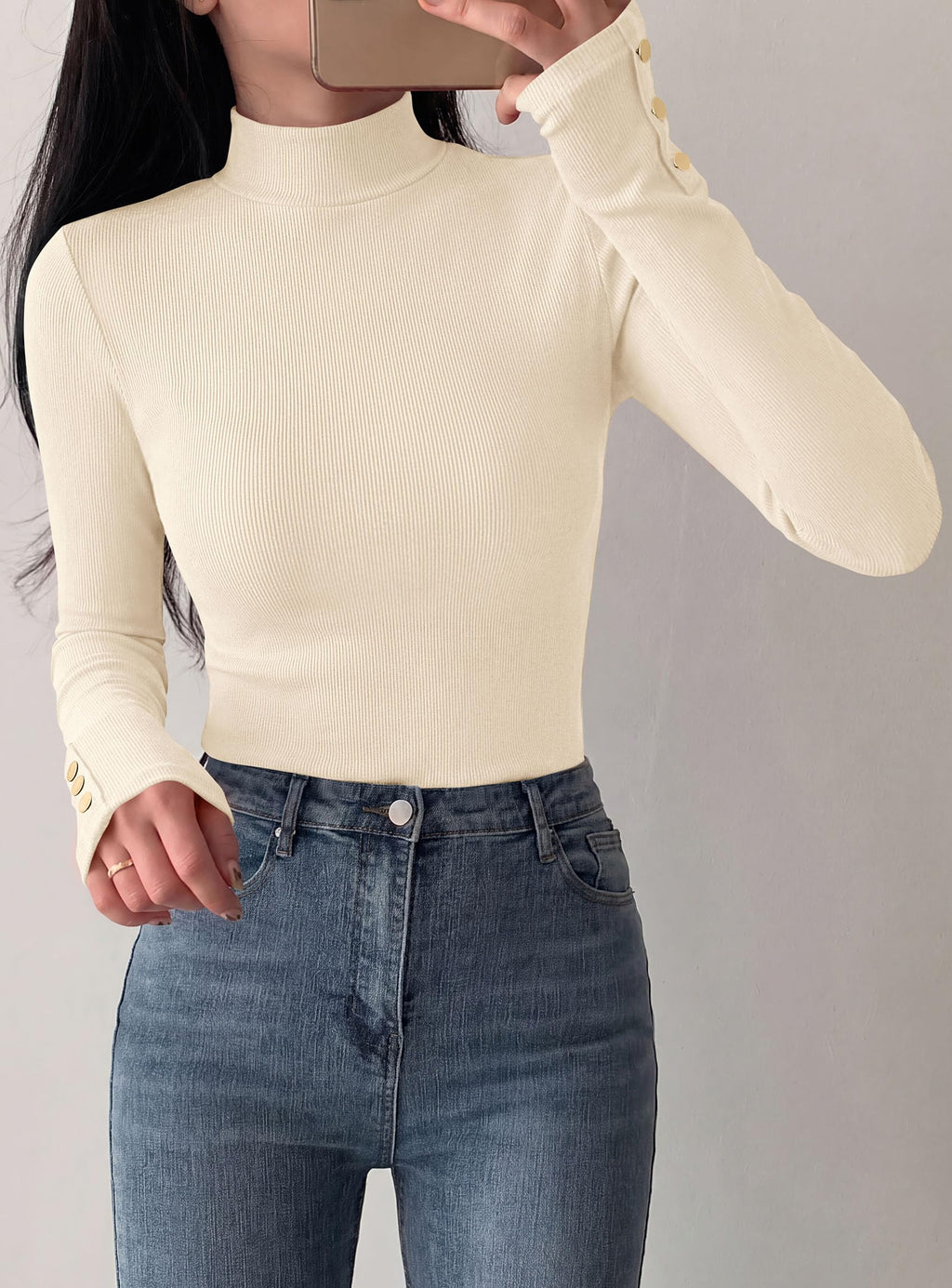 PRETTYGARDEN Women's Ribbed Mock Neck Long Sleeve Tops | Slim Fitted T-Shirts, Soft Stretch, Decorative Buttons, Going Out Work Casual Wear, Fall Outfits Layering Winter Clothes