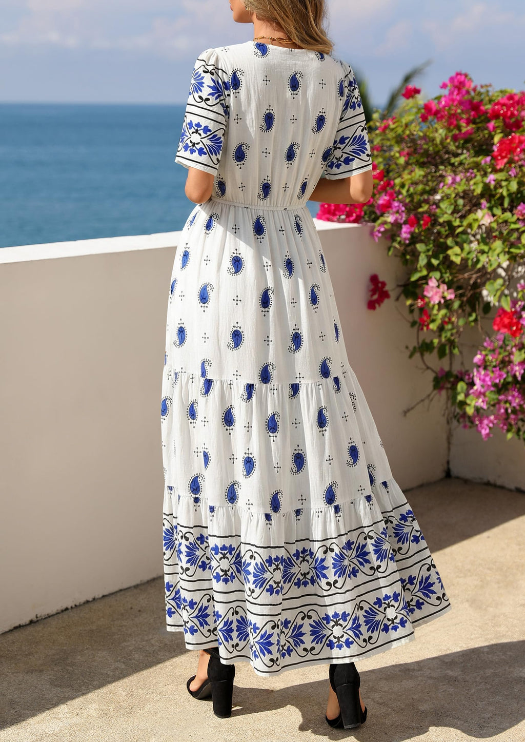PRETTYGARDEN Womens Summer Boho Maxi Dress Trendy Short Sleeve V Neck Flowy Beach Floral Dresses with Pockets