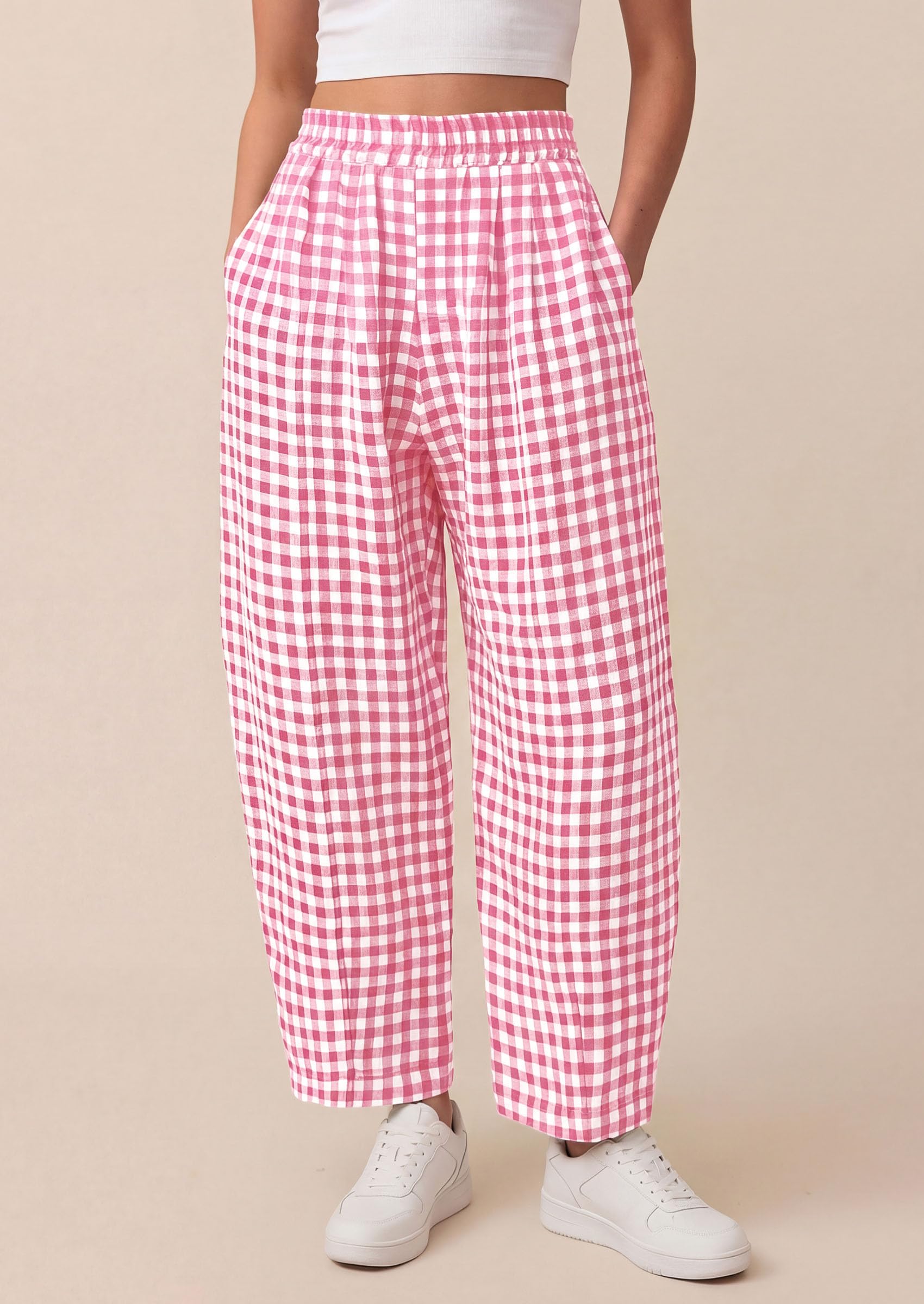 PRETTYGARDEN Plaid Barrel Pants Women Summer Casual Loose Wide Leg Lounge Gingham Trousers Spring Fashion Beach Bottoms