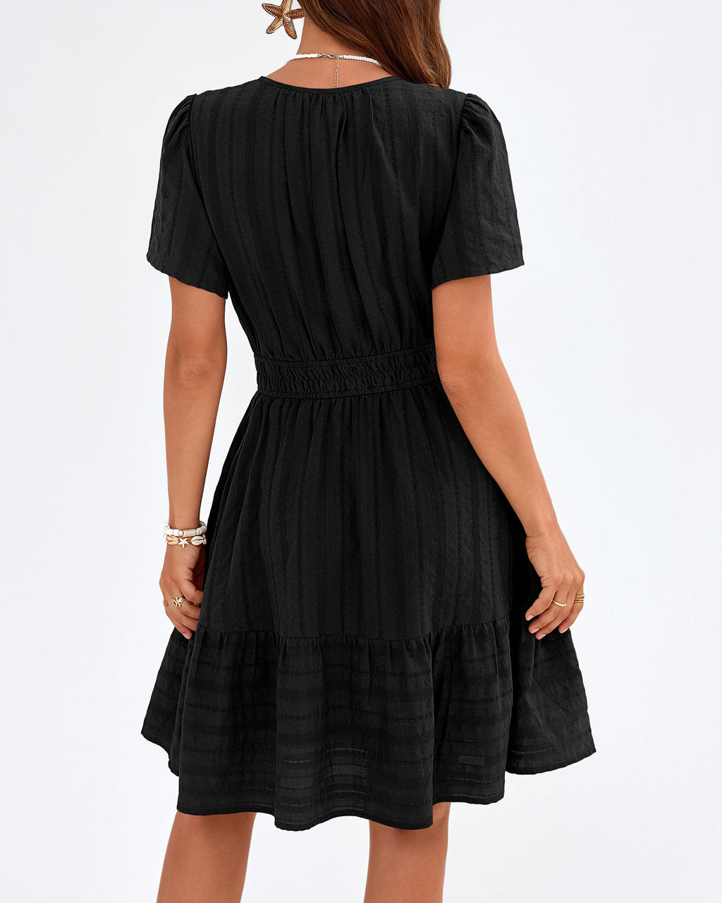 BTFBM Womens Spring  Casual Mini Dresses Lightweight Short Sleeve V Neck Elastic Waist Cute Boho Beach Dress Pockets