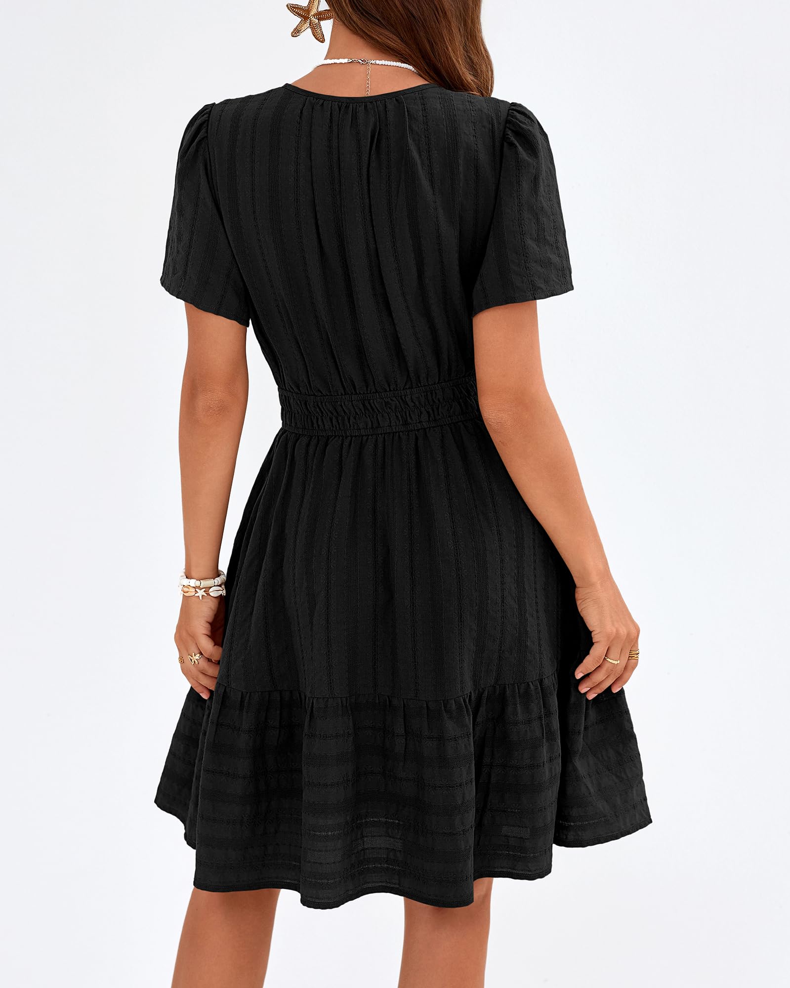 BTFBM Womens Spring  Casual Mini Dresses Lightweight Short Sleeve V Neck Elastic Waist Cute Boho Beach Dress Pockets